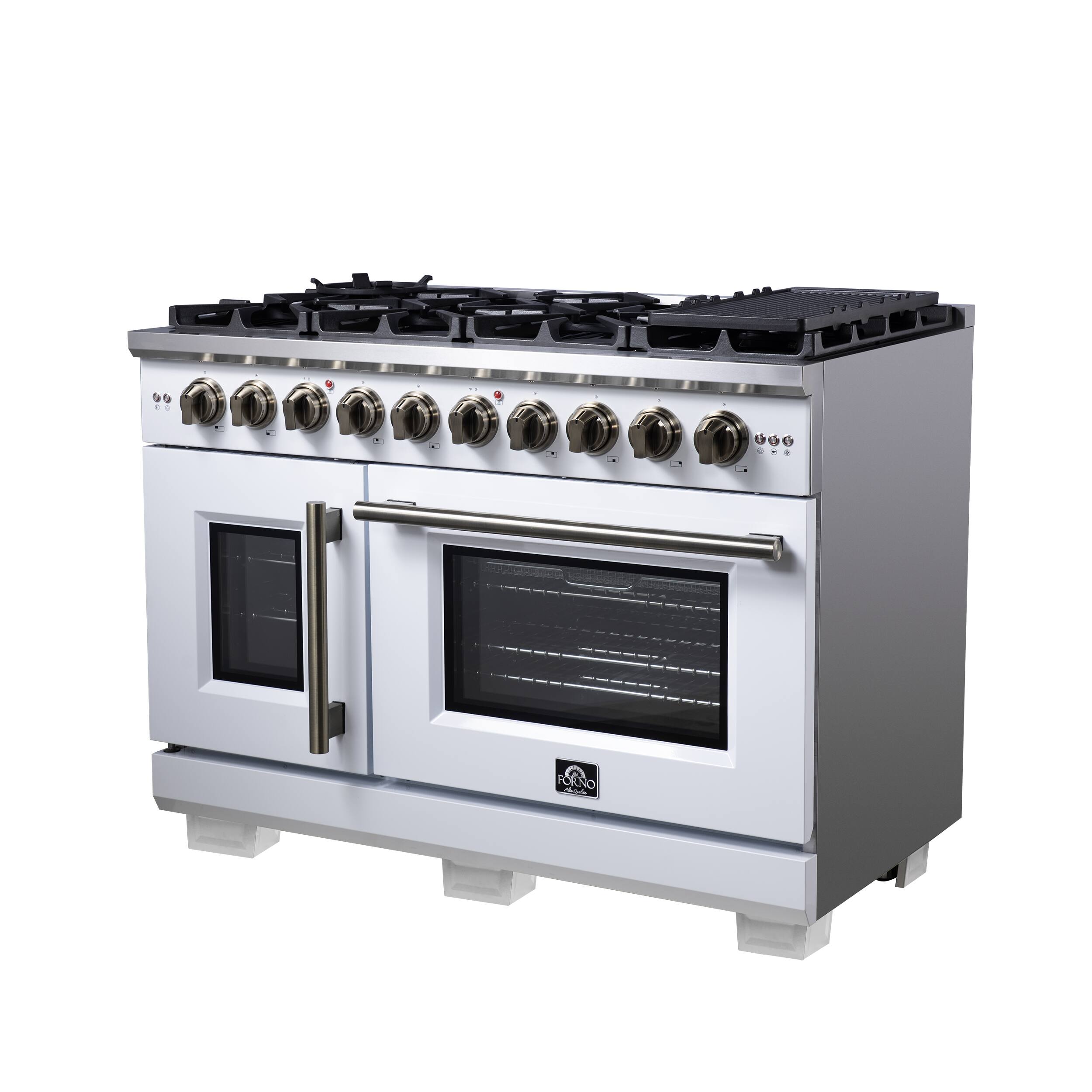 Angle. Forno Appliances - Capriasca 6.58 Cu. Ft. Freestanding Double Oven Gas Convection Range with French Doors and Rotisserie Air Fryer - White.