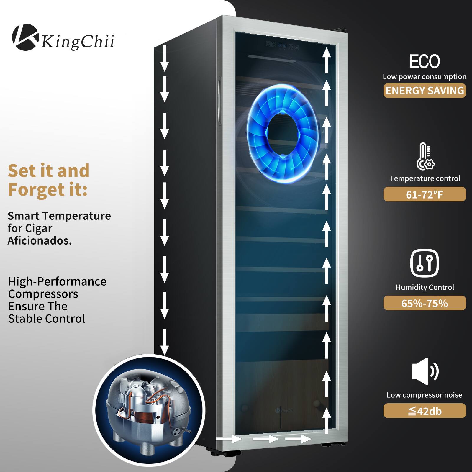 KingChii

ECO Low power consumption ENERGY SAVING

Set it and Forget it: Smart Temperature for Cigar Aficionados.

High-Performance Compressors Ensure The Stable Control

Temperature control 61-72°F

Humidity Control 65%-75%

Low compressor noise ≤42db