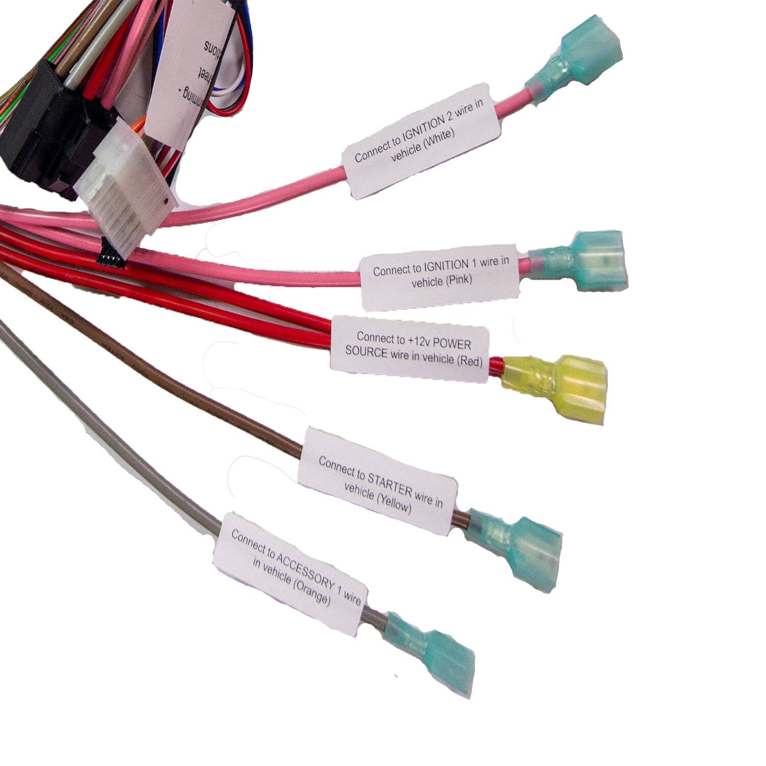 - Connect to IGNITION 1 wire in vehicle (Pink)
- Connect to IGNITION 2 wire in vehicle (White)
- Connect to +12V POWER SOURCE wire in vehicle (Red)
- Connect to STARTER wire in vehicle (Yellow)
- Connect to ACCESSORY 1 wire in vehicle (Orange)