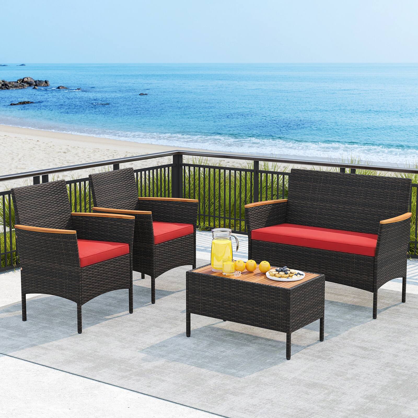 Alt View 9. Gymax - Gymax 8 PCS Patio Wicker Sofa Set w/ Coffee Table Acacia Wood Armrests & Tabletop Mix Brown & Red - Red.