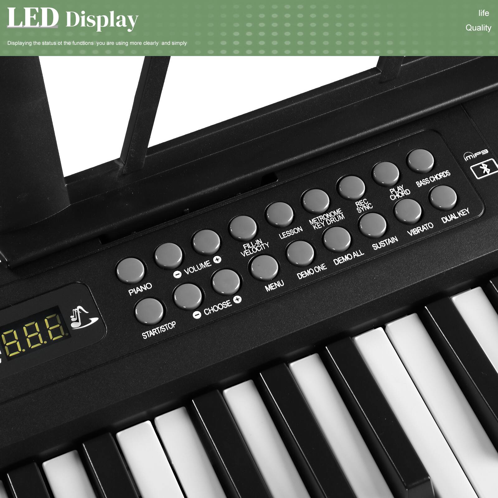 LED Display  
Displaying the status of the functions you are using more clearly and simply  

life Quality  

BASS CHORDS  
BASS PLAY  
CHORD REC  
SYNC  
KEY METRONOME  
DRUM  
DUAL KEY  
KEY VIBRATO  
LESSON  
FILL-IN  
SUSTAIN  
VELOCITY  
ALL +  
DEMO  
VOLUME  
DEMO ONE  
PIANO  
MENU  
CHOOSE  
START/STOP