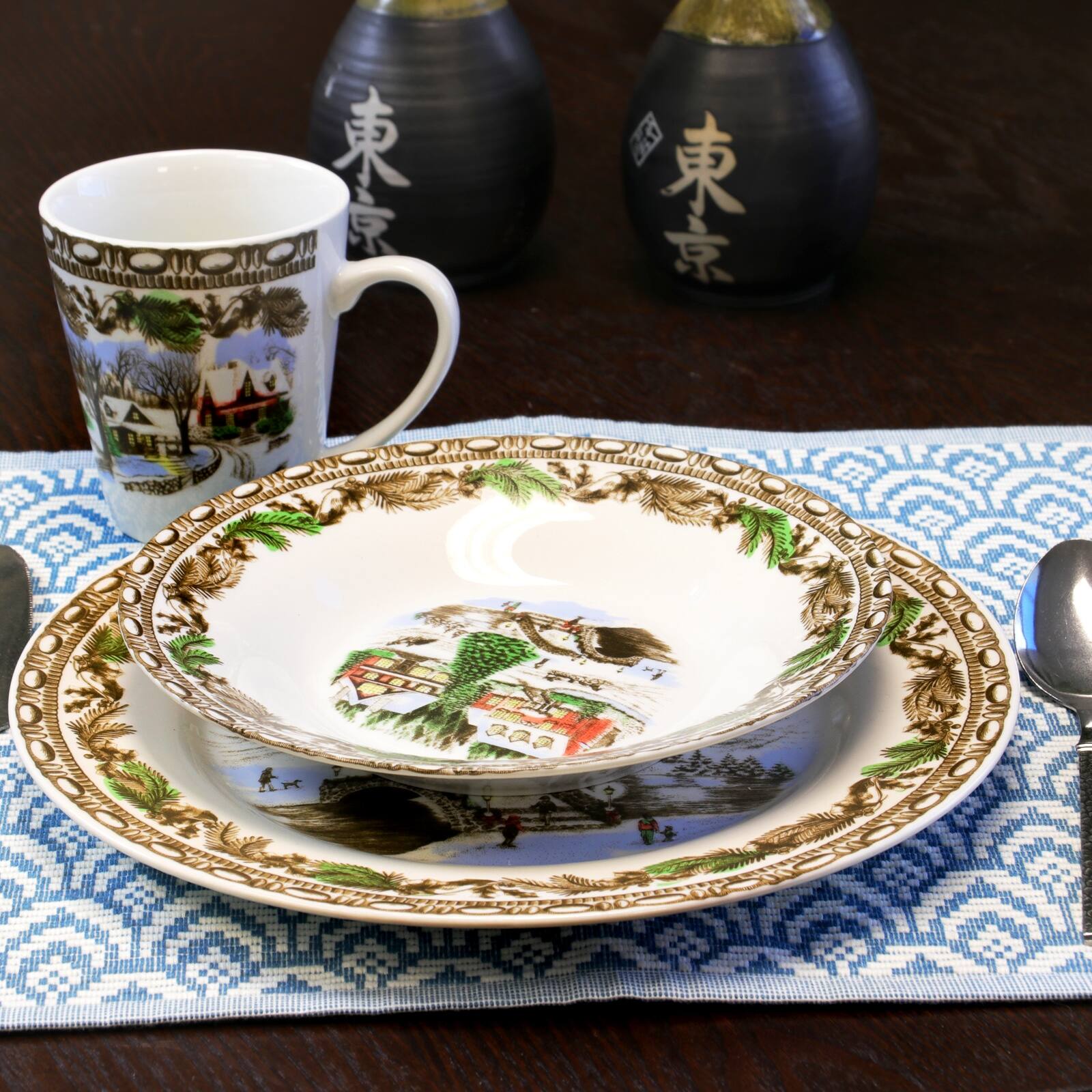 Alt View 5. Gibson - Gibson Home Christmas Toile 16 Piece Dinnerware Set - White and Multi.