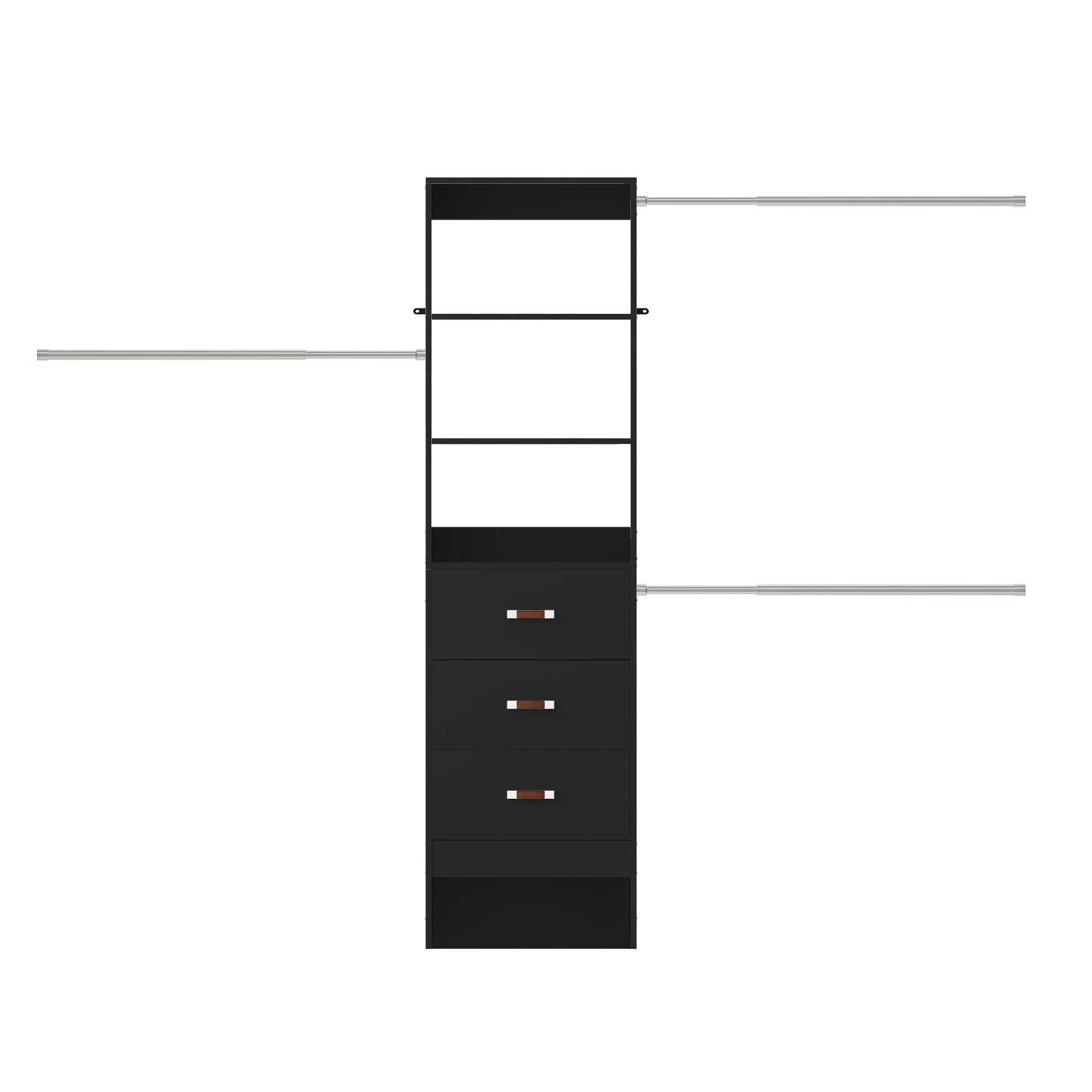 Angle. Aheaplus - 96-inch Closet System: 3 Hanging Rods & 3 Wooden Drawers, Adjustable for 5-8FT Walk-in Wardrobe - Black.