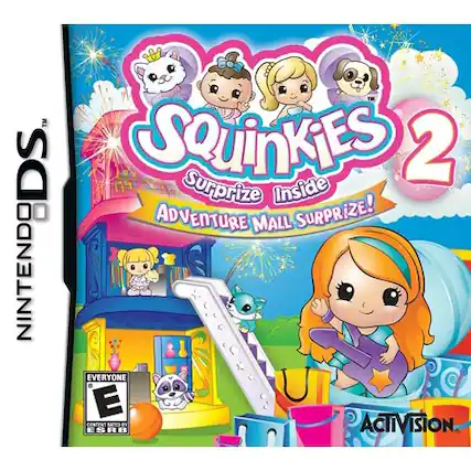 Sure, here is the corrected and grouped text from the image:
---
**Title:**
- Squinkies 2
- Surprise Inside
- Adventure Mall Surprise!
**Platform:**
- Nintendo DS
**Rating:**
- E for Everyone
- ESRB
**Publisher:**
- Activision
**Additional Text:**
- Everyone
- ESRB
--- - E10+ (Everyone 10+)