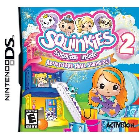 Sure, here is the corrected and grouped text from the image:

---

**Title:**
- Squinkies 2
- Surprise Inside
- Adventure Mall Surprise!

**Platform:**
- Nintendo DS

**Rating:**
- E for Everyone
- ESRB

**Publisher:**
- Activision

**Additional Text:**
- Everyone
- ESRB

--- - E10+ (Everyone 10+)