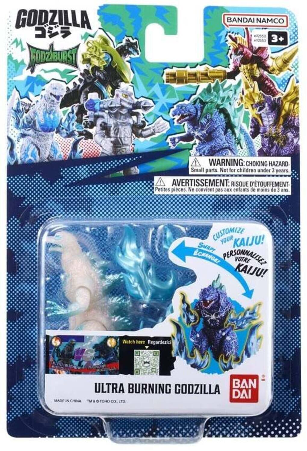 GODZILLA BANDAI NAMCO  
NU 099568  
3+  
#92553  
Brnzburs  

WARNING: CHOKING HAZARD Small parts. Not for children under 3 years.  
AVERTISSEMENT: RISQUE D'ETOUFFEMENT Petites pièces. Ne convient pas aux enfants de moins de 3 ans.  

CUSTOMIZE YOUR KAIJU!  
SNAPT ECHANGE!  
PERSONNALISEZ VOTRE KAIJU!  

Watch here  
Regardez ici  

MADE IN CHINA  

ULTRA BURNING BAN GODZILLA  
DAI TM & TOHO CO. LTD