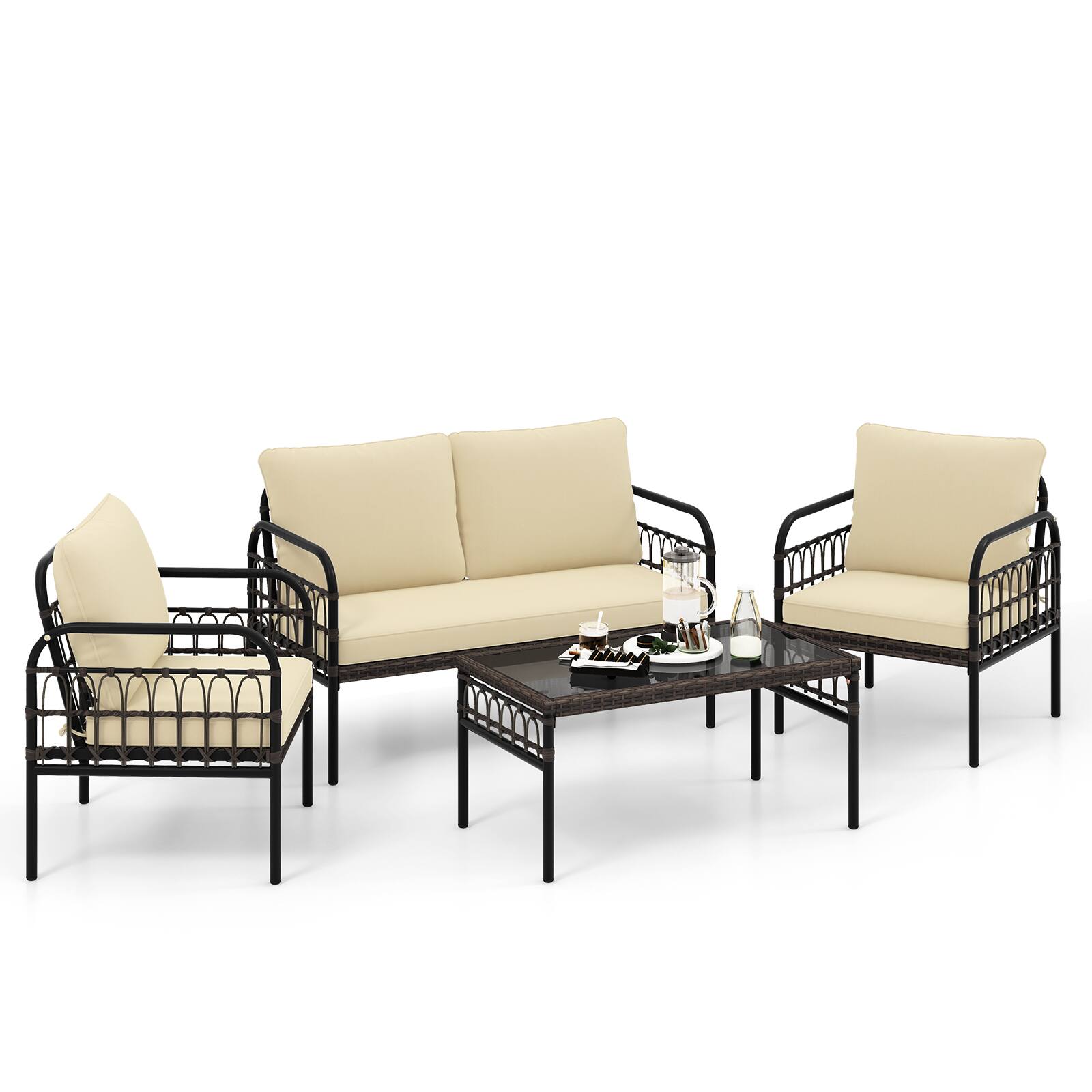 Alt View 6. Gymax - Gymax 4PCS Furniture Set Outdoor Wicker Conversation Bistro Set w/ Soft Cushions Patio - Beige.