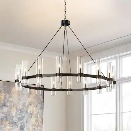 Front. RYHNUYNE - 48 Inch 16-Light Black Wagon Wheel Chandelier Adjustable Rustic Pendant Lighting with Glass Shades for Dining Room.