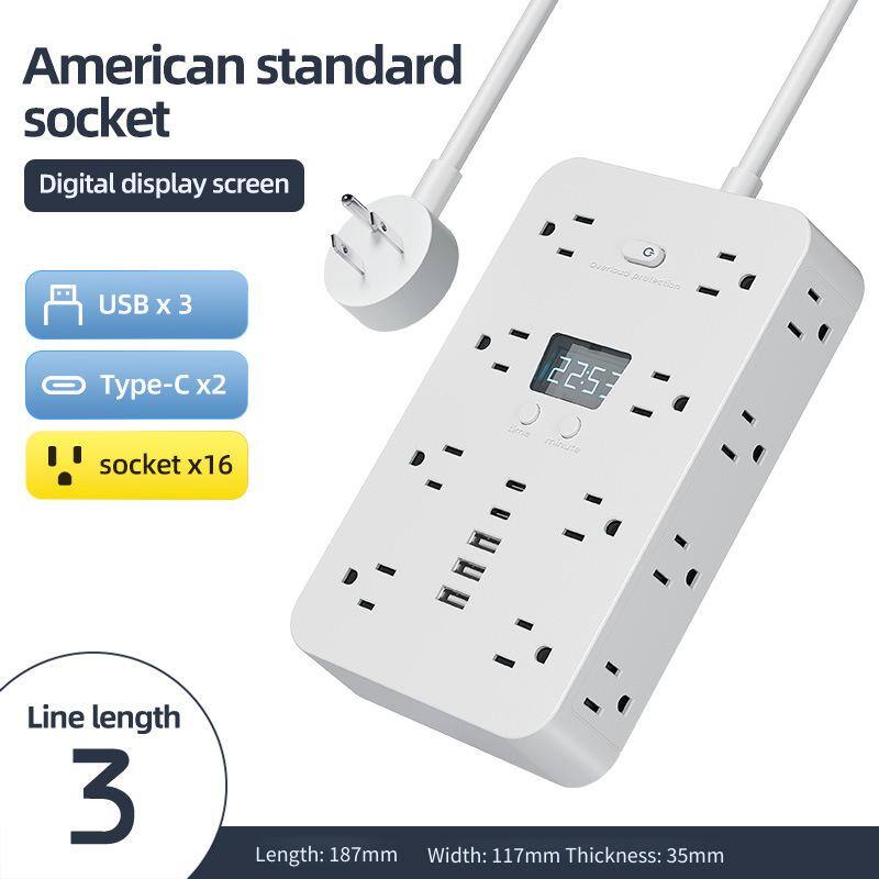 American standard socket  
Digital display screen  
USB x 3  
Type-C x2  
socket x16  

Line length 3  
Length: 187mm  
Width: 117mm  
Thickness: 35mm