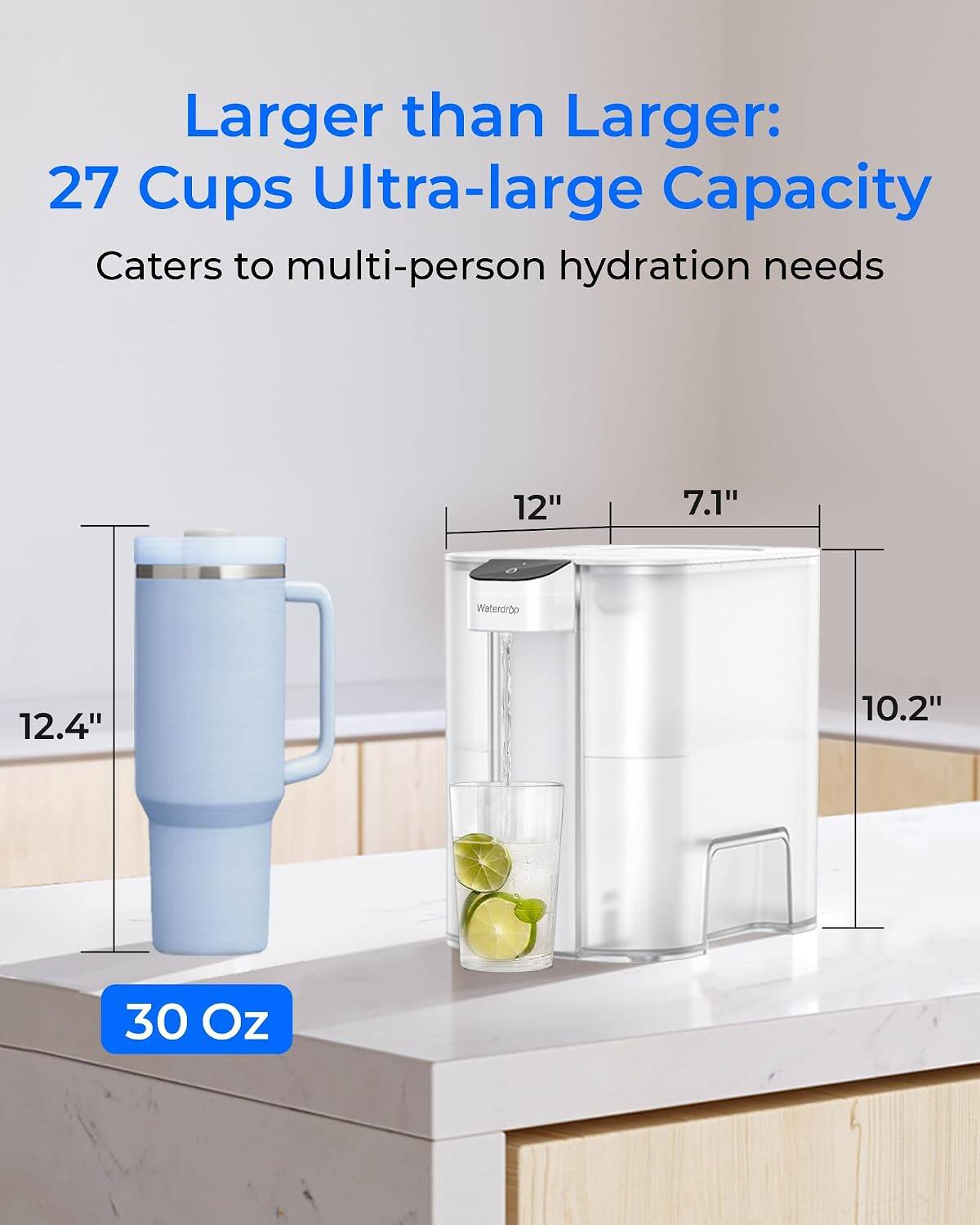 Larger than Larger: 27 Cups Ultra-large Capacity  
Caters to multi-person hydration needs  

12"  
7.1"  
12.4"  
10.2"  
30 Oz