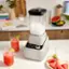 Bella blender on a counter with two glasses of pink drinks.