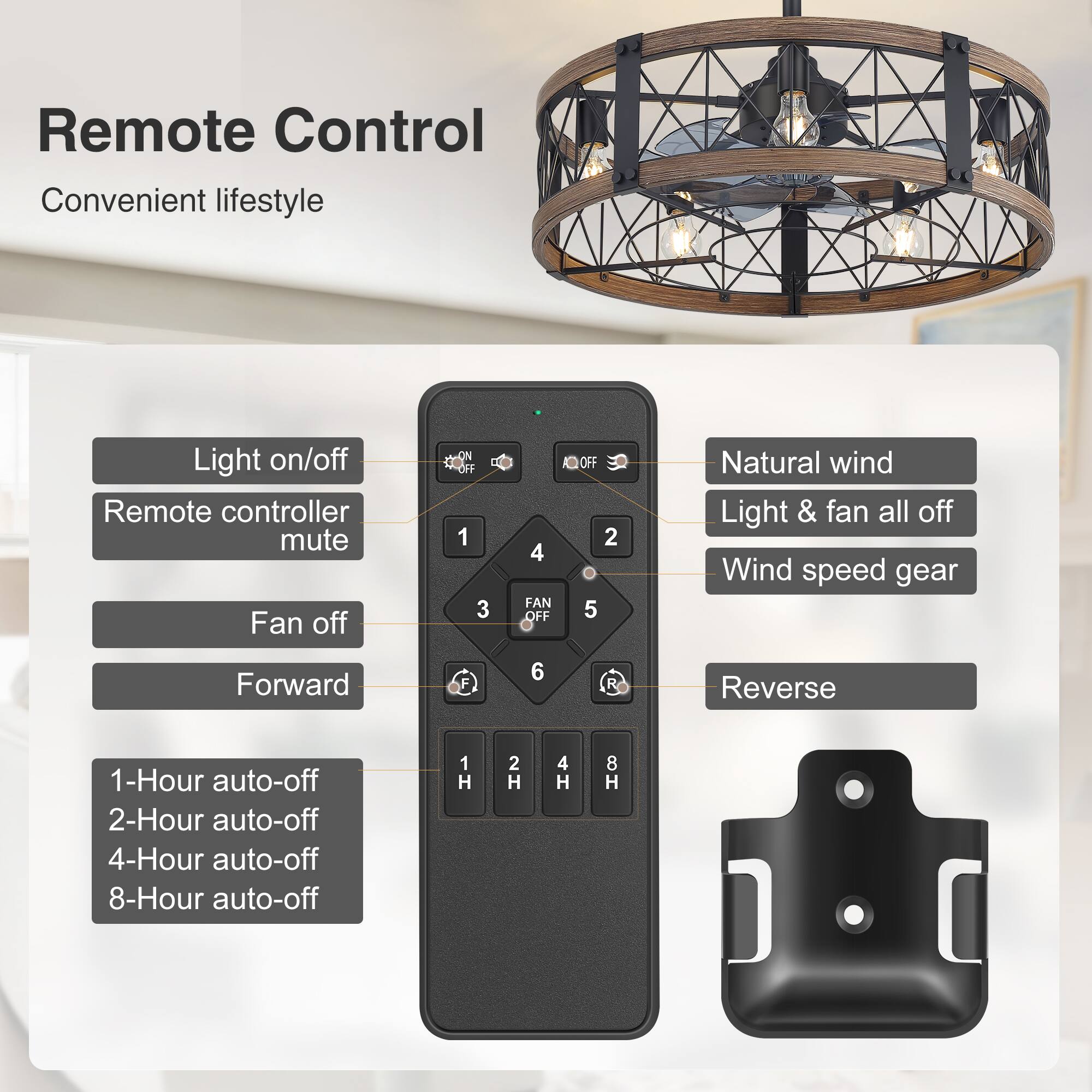 Remote Control  
Convenient lifestyle  

- Light on/off  
- Remote controller mute  
- Fan off  
- Forward  
- Natural wind  
- Light & fan all off  
- Wind speed gear  
- Reverse  
- 1-Hour auto-off  
- 2-Hour auto-off  
- 4-Hour auto-off  
- 8-Hour auto-off