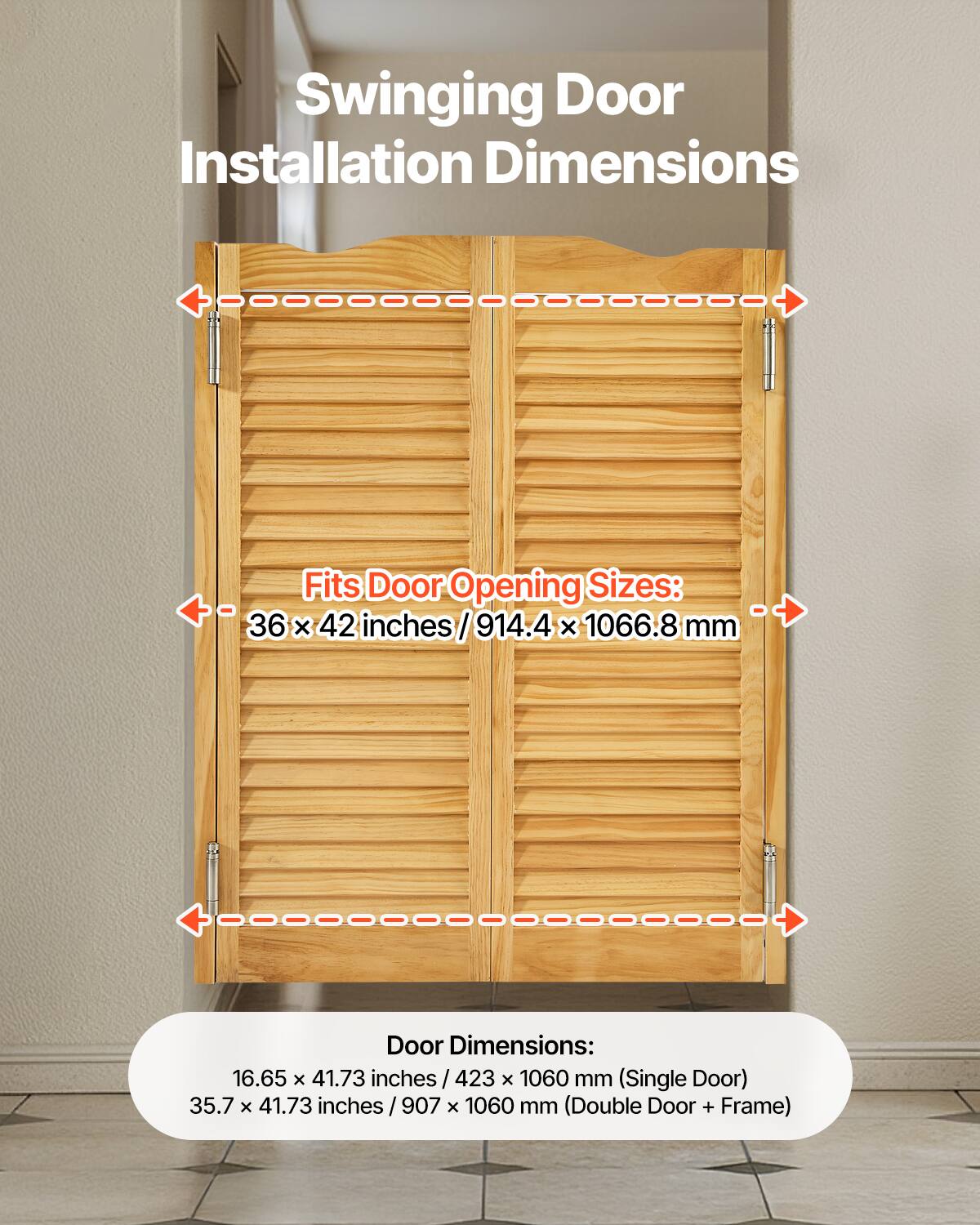 Swinging Door Installation Dimensions

Fits Door Opening Sizes: 36x42 inches / 914.4x1066.8 mm

Door Dimensions:
- 16.65 x 41.73 inches / 423 x 1060 mm (Single Door)
- 35.7 x 41.73 inches / 907 x 1060 mm (Double Door + Frame)
