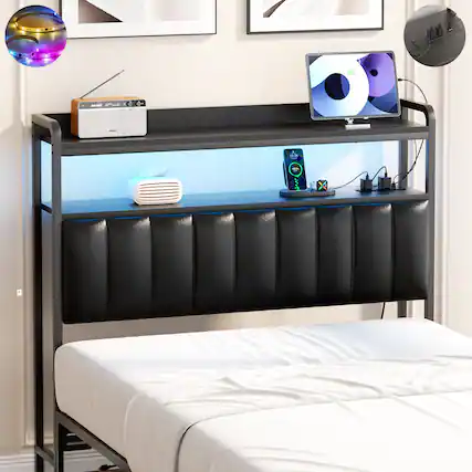 Front. Aheaplus - Upholstered Headboard for Twin Bed, Headboard with LED Lights and Power Outlet - Black.