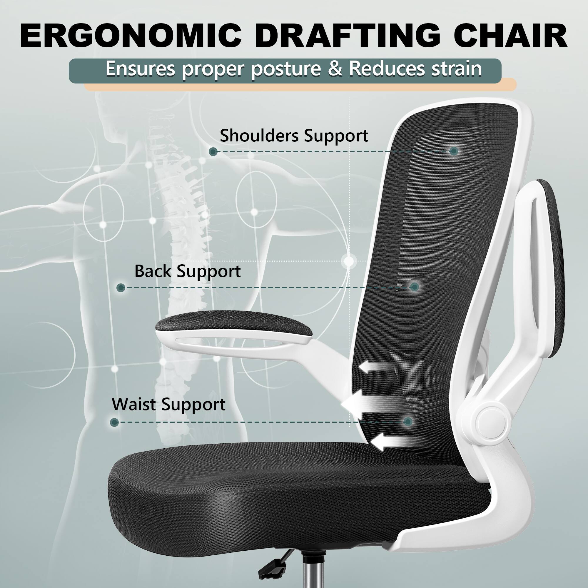 ERGONOMIC DRAFTING CHAIR  
Ensures proper posture & Reduces strain  

Shoulders Support  
Back Support  
Waist Support