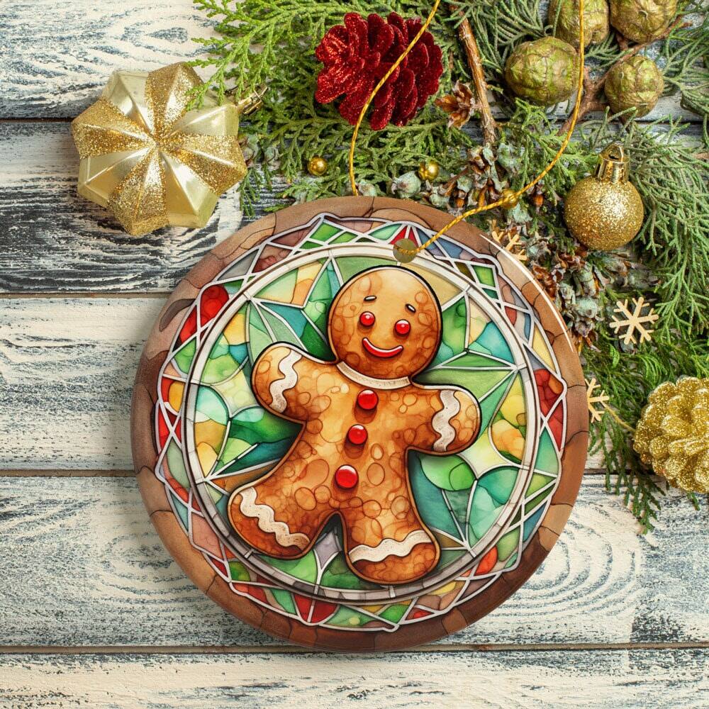 Back. OrnamentallyYou - Handmade Gingerbread Man Stained Glass Style Ceramic Ornament Christmas Gift and Decor - Multi-colored.