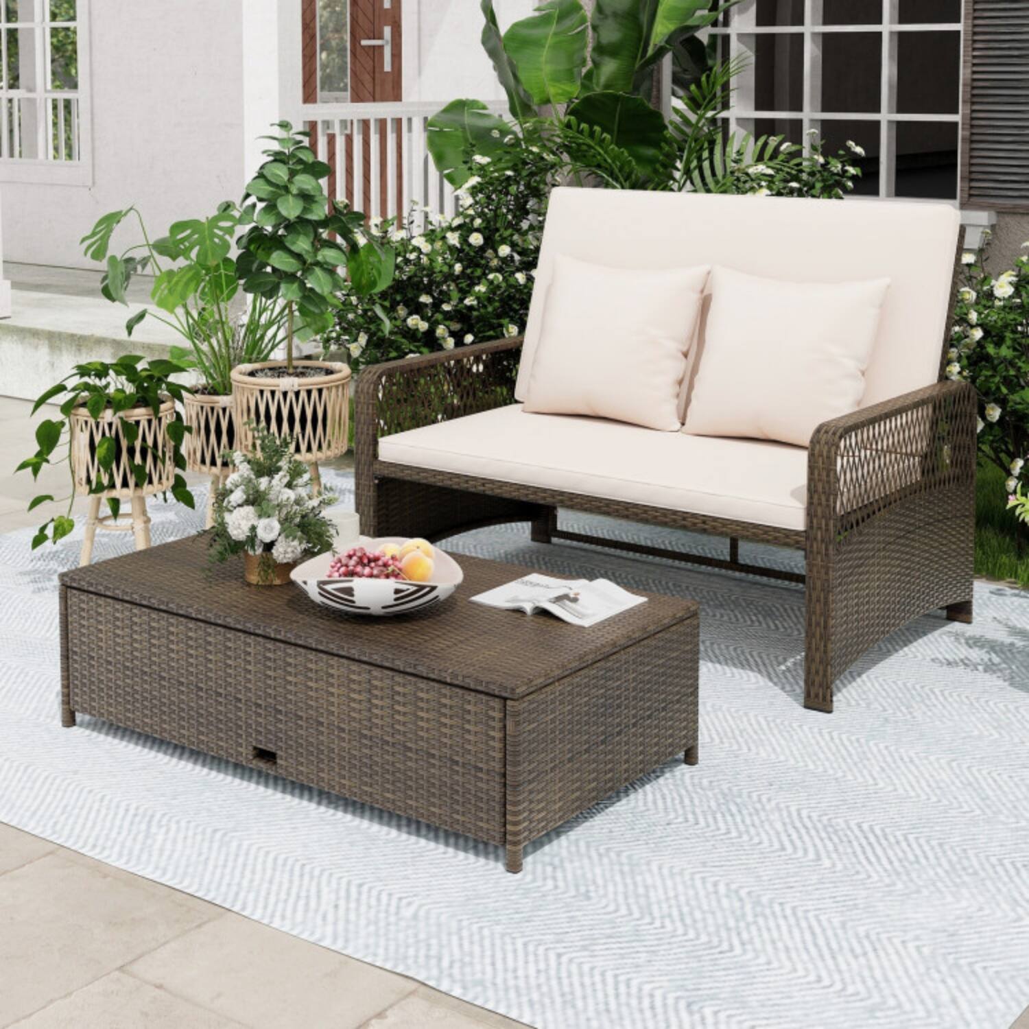 Front. Mondawe - Patio Adjustable Wicker Daybed w 4-Level Backrest & Ottoman 800 lbs 2-Piece Set - Beige.
