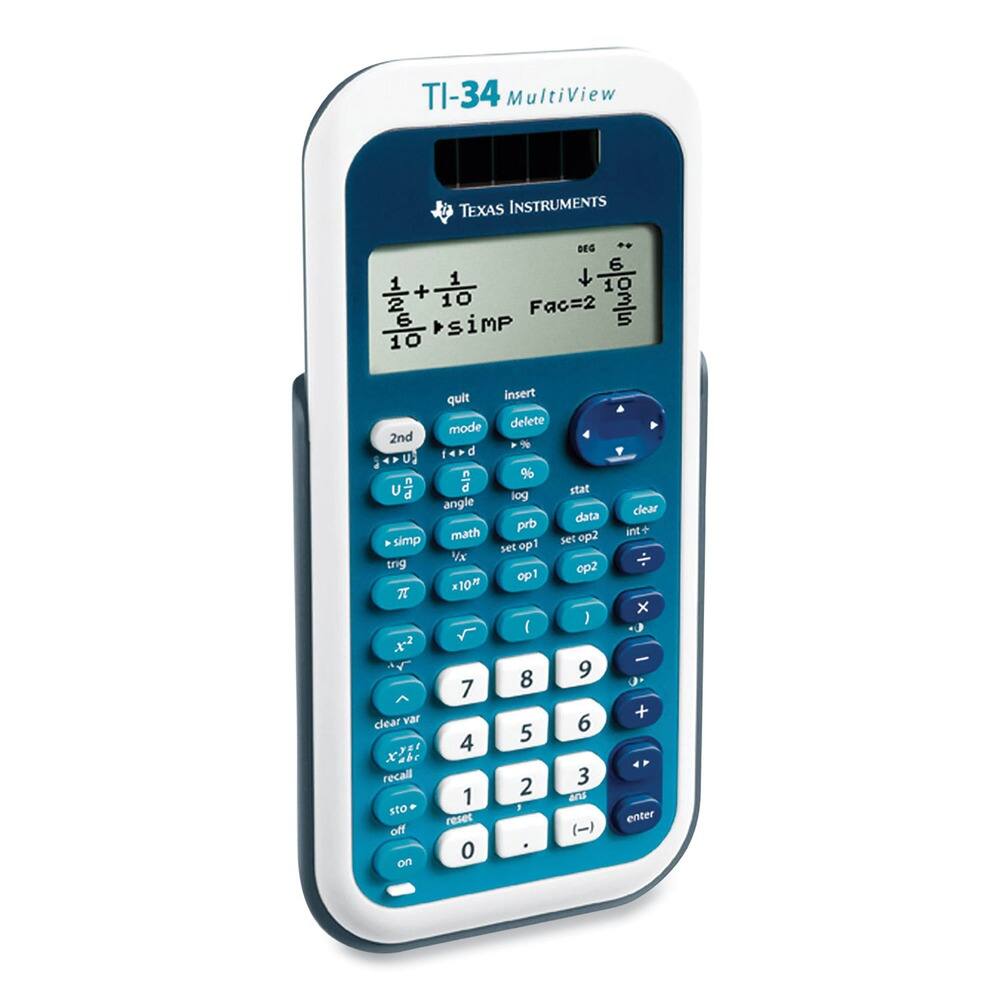 TI-34 MultiView  
TEXAS INSTRUMENTS  
DEG 6  
Fac=2  

quit insert mode delete 2nd % f4rd I d a US n % n U d stat d log angle clear data prb int+ math set op2 simp setop1 set V  
tnig ep2 op1  
*10 x  
2 x - 8 9  
7 + clear var 6 4 5 recall 3 2 I ans sto 1 reset enter off () 0 on  

(1/2 + 1/10) / 10^2 = simp  
6 / 10^3 = 10^5