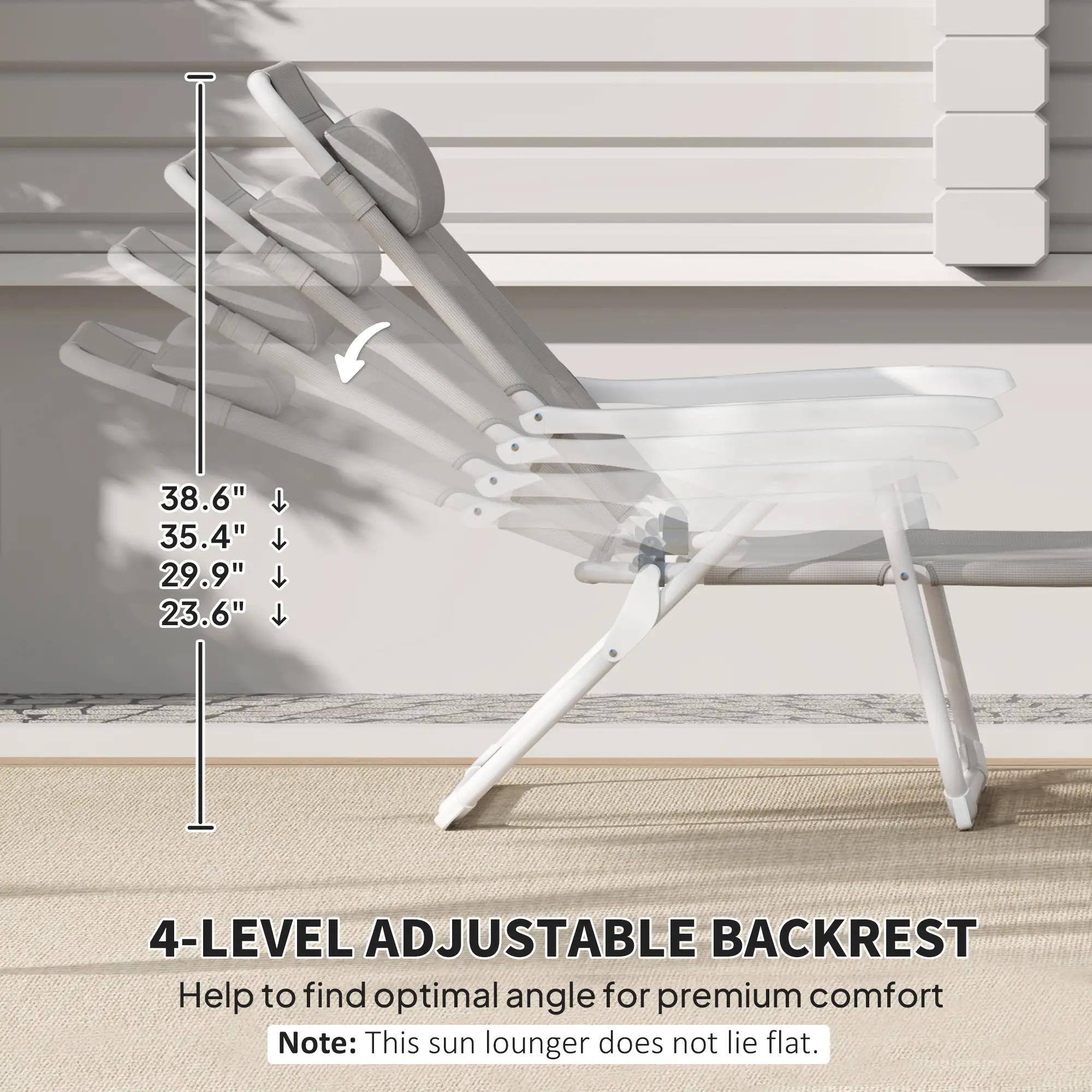 4-LEVEL ADJUSTABLE BACKREST
Help to find optimal angle for premium comfort
Note: This sun lounger does not lie flat.

38.6"
35.4"
29.9"
23.6"