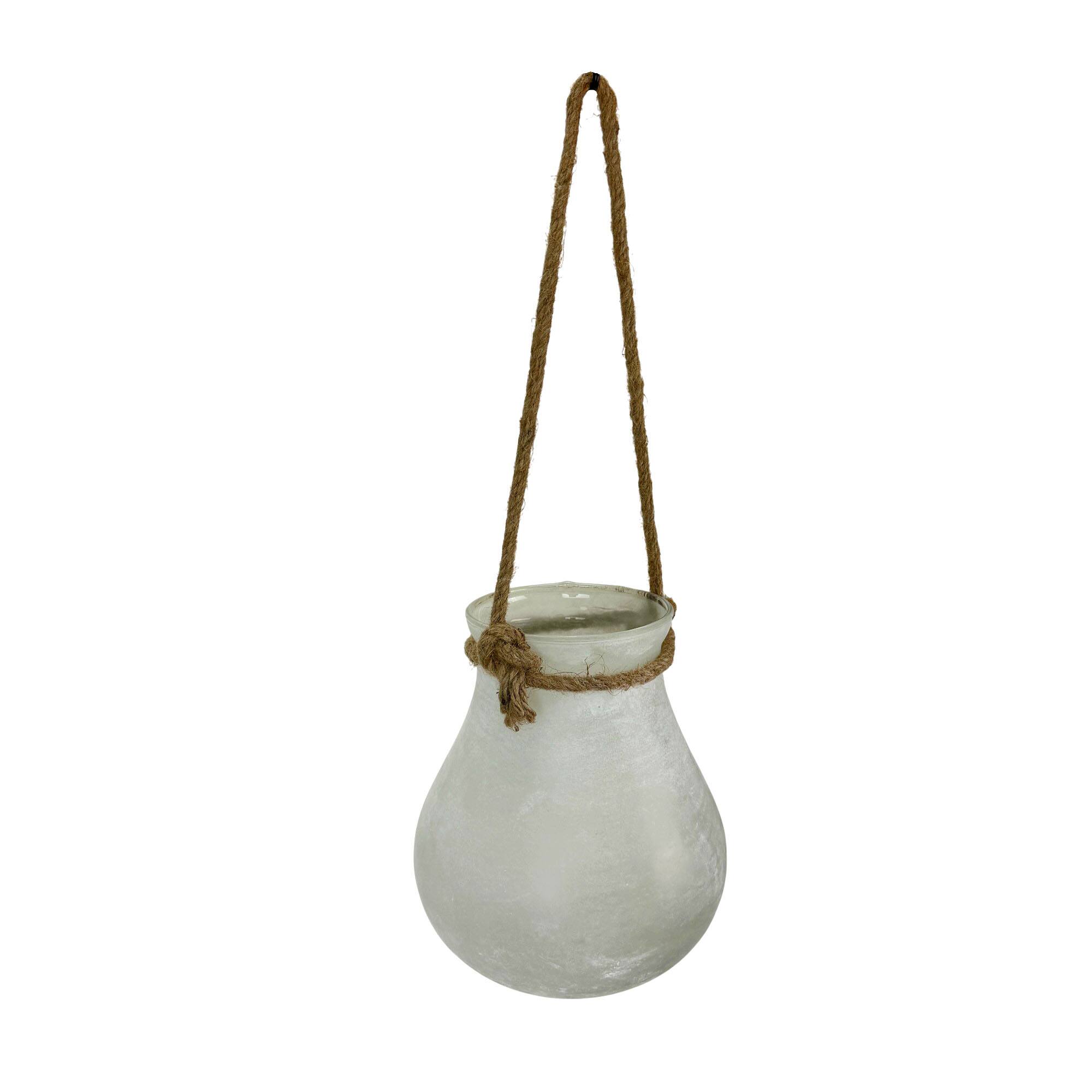 Alt View 1. India House Brass - India House Frosted Glass Hanging Candle Lantern with Rope Handle, 18 In - White.