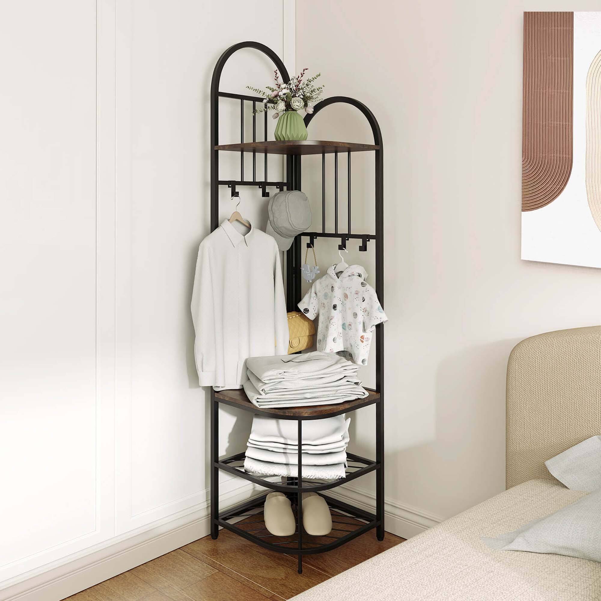 Alt View 4. Costway - Costway 4-Tier Coat Rack Corner Hall Tree with Shoe Storage Bench 6 Removable Hooks Bedroom - Brown.