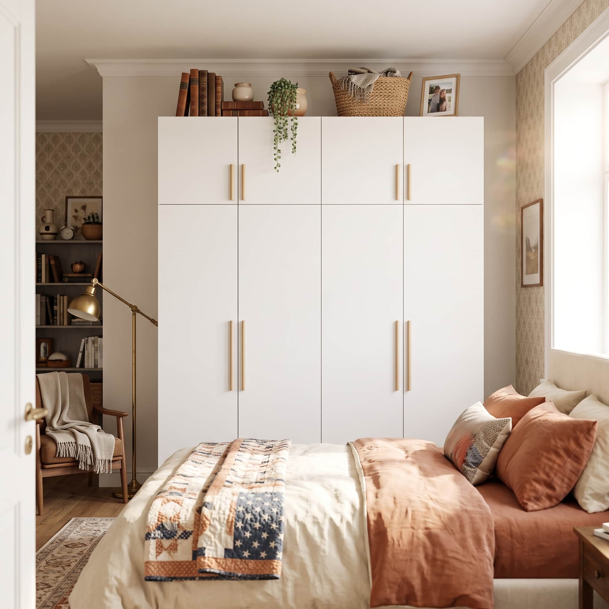 Famapy - 90.6" Tall 4-Door Wardrobe Armoire with Top Cabinets,Large Capacity Bedroom Closet Organizer with Hanging Rod & Shelves - White