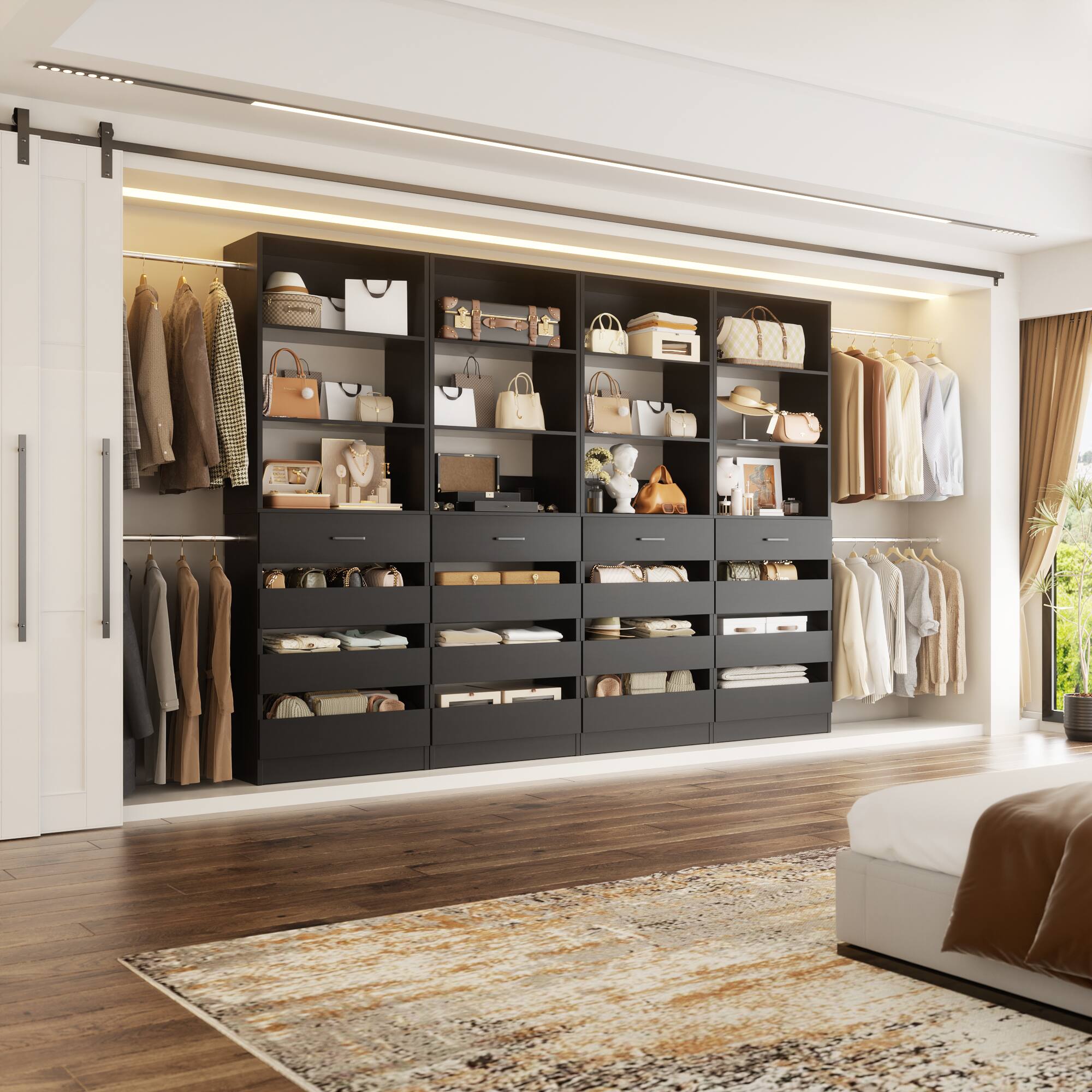 Left. Aheaplus - 4-Pack Modular Closet System, 4-36ft Expandable Wardrobe Organizer with 16 Drawers & Hanging Rods,Ships in 4 Packages - Black.