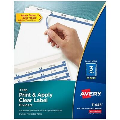 PROFIT  
Index Maker  
Easy Apply  
Label at Tabs at Once  

SALES  
COSTS  

Laser Inkjet  
3 TABS  
25 SETS  

3 Tab Print & Apply Clear Label Dividers  
Customizable clear labels for a printed-on look  
Durable reinforced holes  

AVERY  
11445  
Free Easy-to-use Avery*  
www.avery.com  

*Easy-to-use Avery products require a compatible printer.