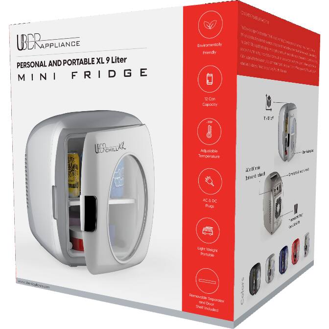UBER APPLIANCE  
PERSONAL AND PORTABLE XL 9 Liter MINI FRIDGE  

- Environmentally Friendly  
- 12 Con Capacity  
- Adjustable Temperature  
- AC & DC Plugs  
- Light Weight Portable  
- Removable Separator and Door Shell Included  
- Colors  

www.uber-appliance.com