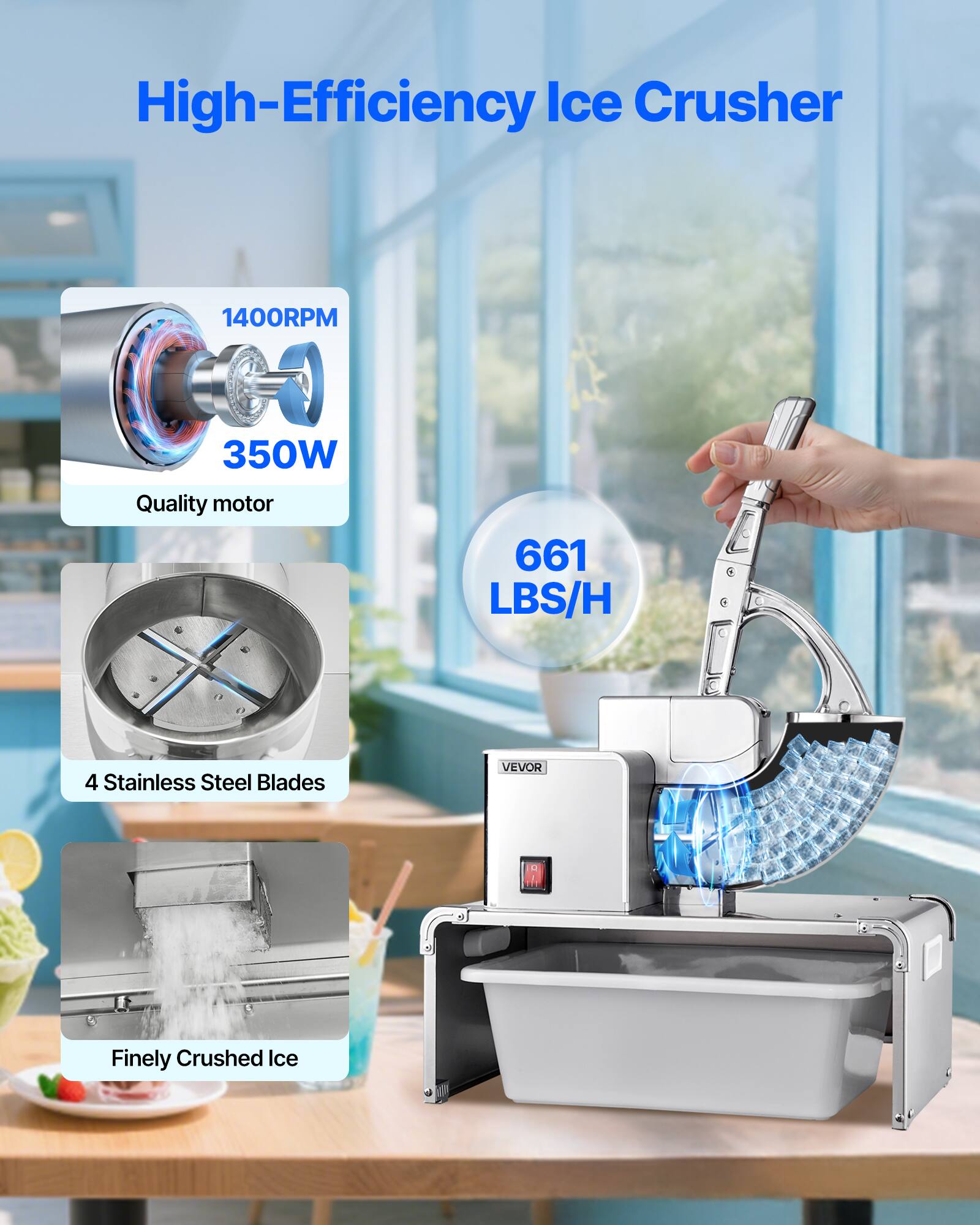 High-Efficiency Ice Crusher

1400RPM
350W Quality motor
661 LBS/H

4 Stainless Steel Blades
Finely Crushed Ice
