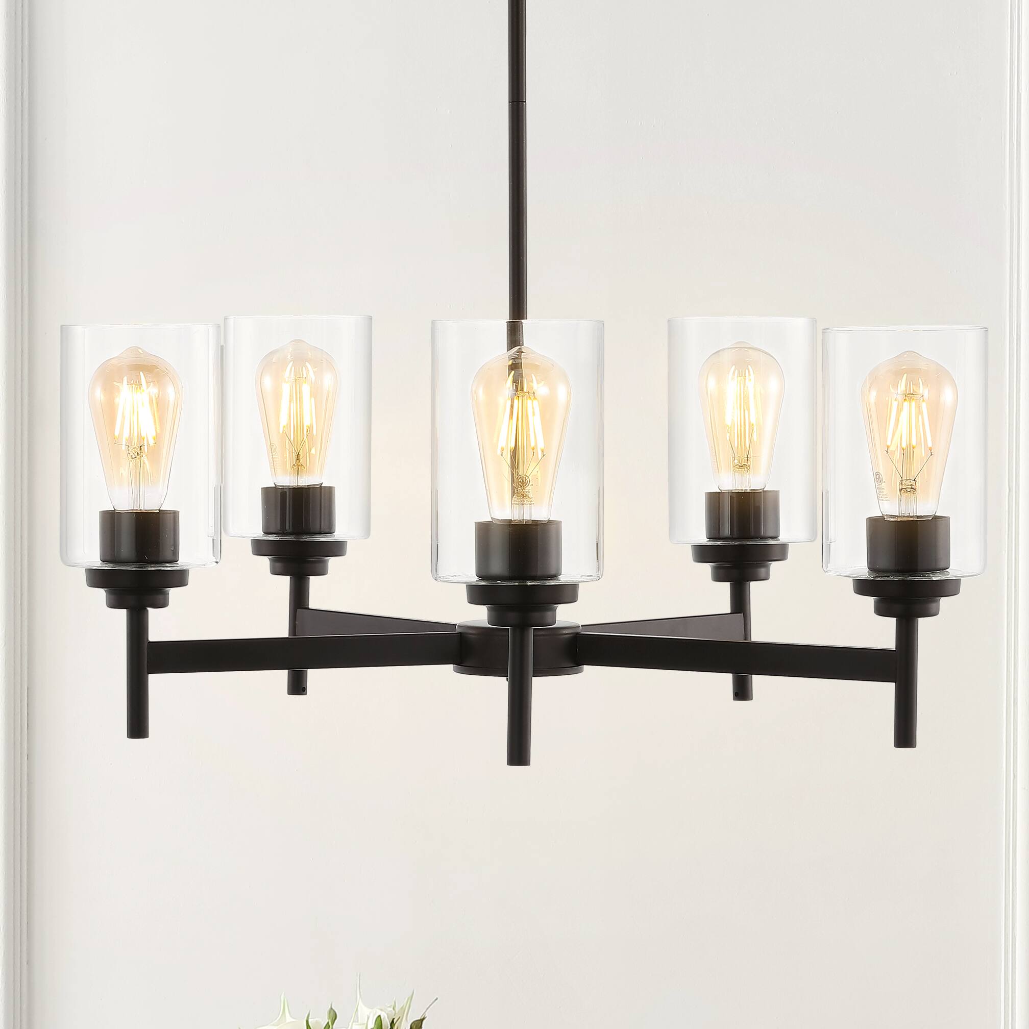 Alt View 1. Jonathan Y - Orpheus 24" 5-Light Farmhouse Industrial Iron Cylinder LED Chandelier, Oil Rubbed Bronze/Clear - Oil Rubbed Bronze.