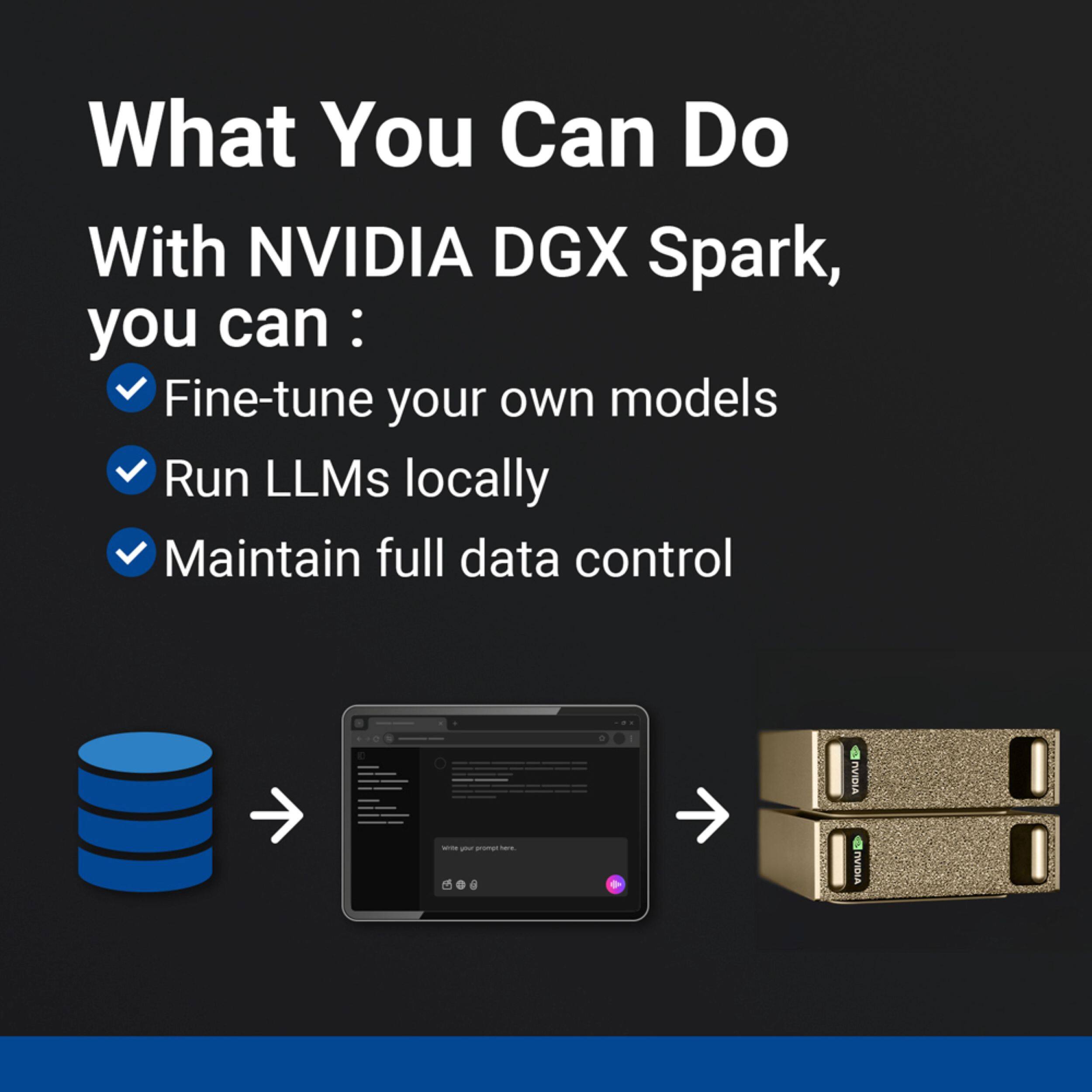 What You Can Do With NVIDIA DGX Spark, you can:
- Fine-tune your own models
- Run LLMs locally
- Maintain full data control