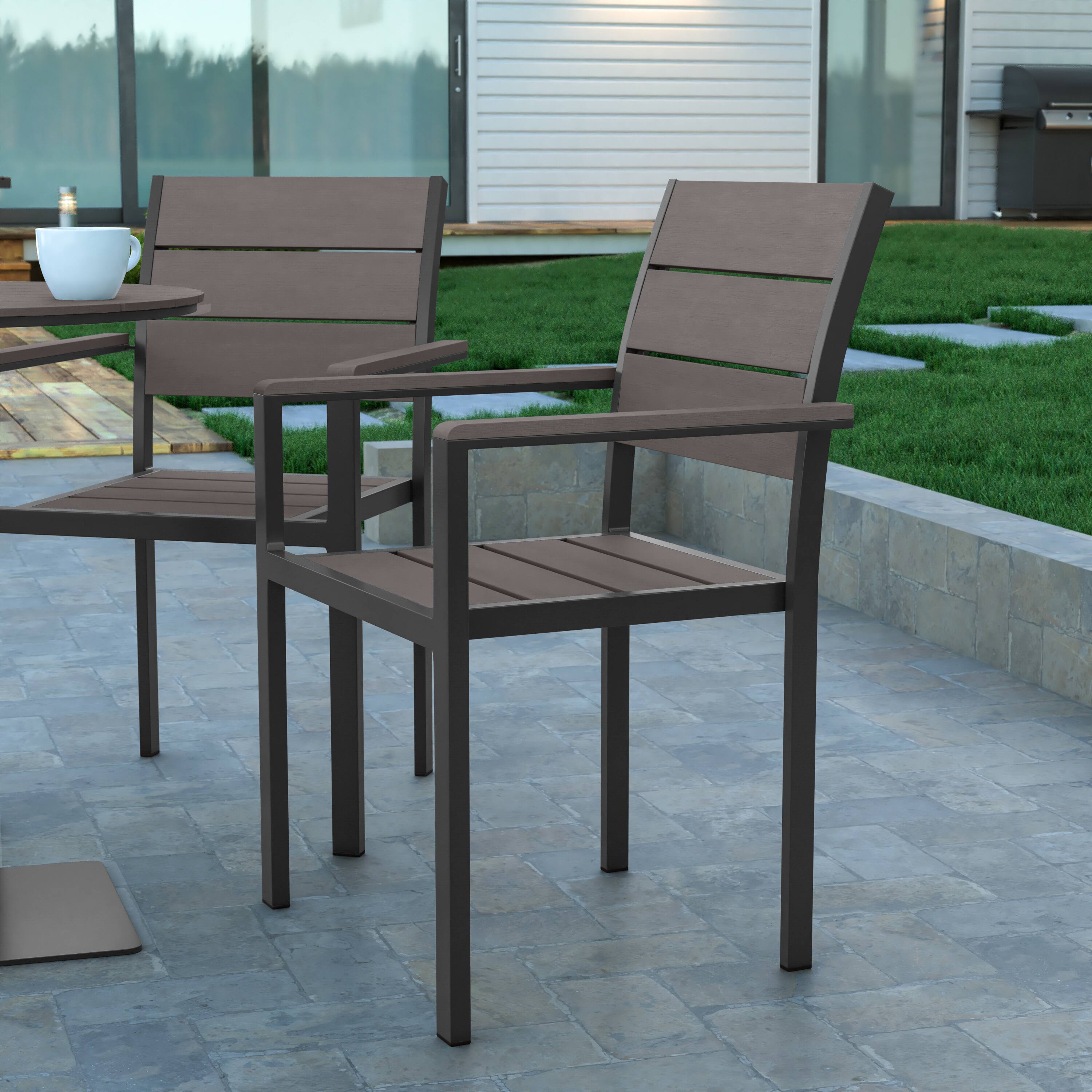 Alt View 1. Emma + Oliver - Fena Outdoor Stacking Side Chair with Faux Teak Poly Slat Seat, Back and Arms and Metal Frame - Gray.