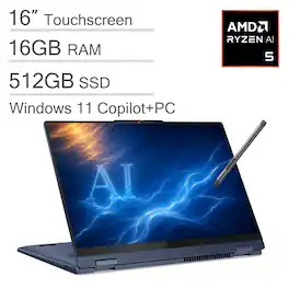Lenovo - IdeaPad Flex 5 2-in-1 16" FHD+ Touchscreen AI Laptop - AMD Ryzen AI 5 - 16GB RAM - 512GB SSD - Digital Pen - Copilot+ PC - Cosmic Blue