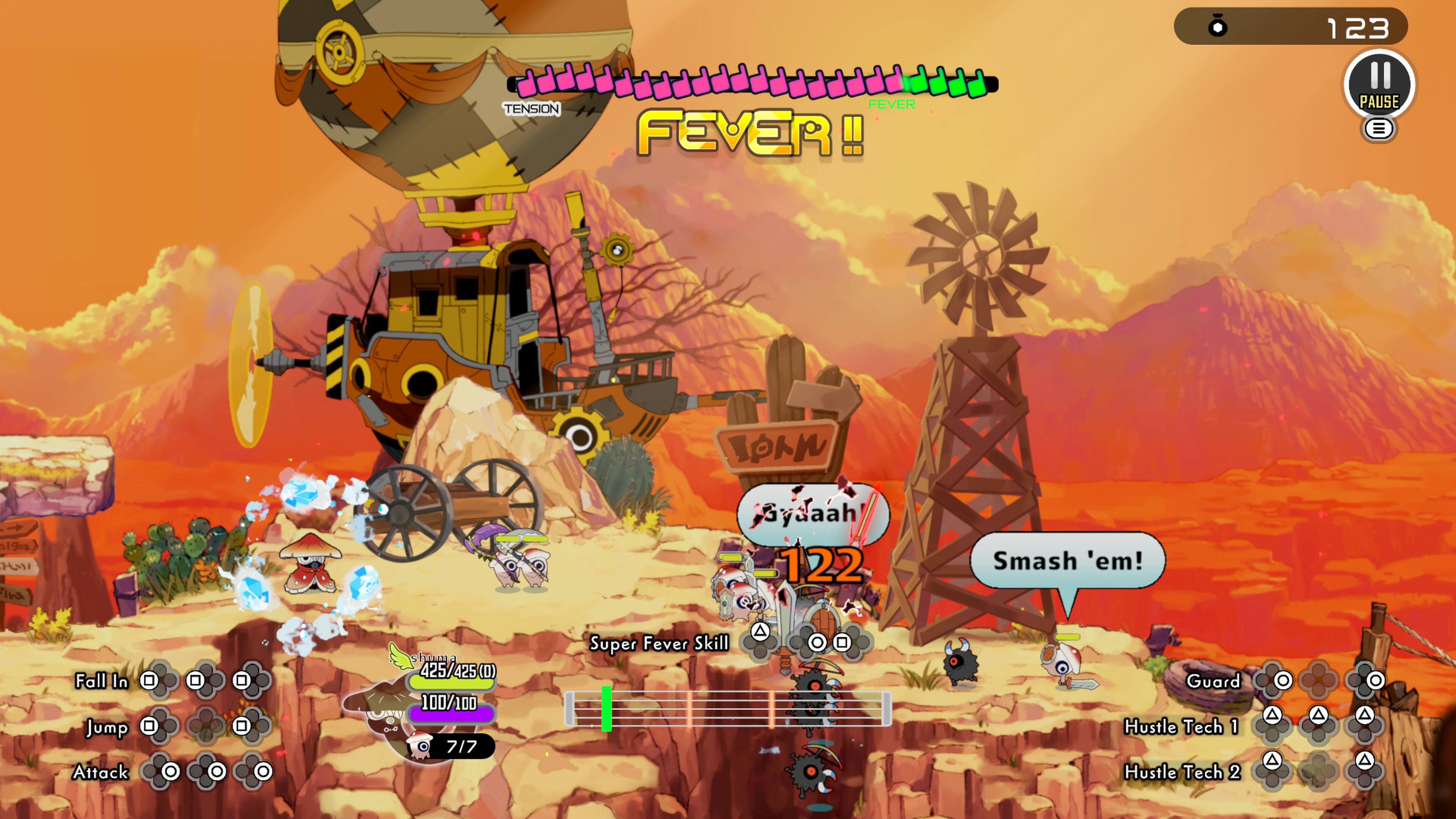 1 23 TENSION FEVER FEVER! PAUSE = 19m  
Hiva Gydaah 122 Smash 'em!  
Fall In Jump Attack  
11 H 425/425 (D) 100/100 LA 717  
Super Fever Skill Guard  
Hustle Tech 1  
Hustle Tech 2  
A A A