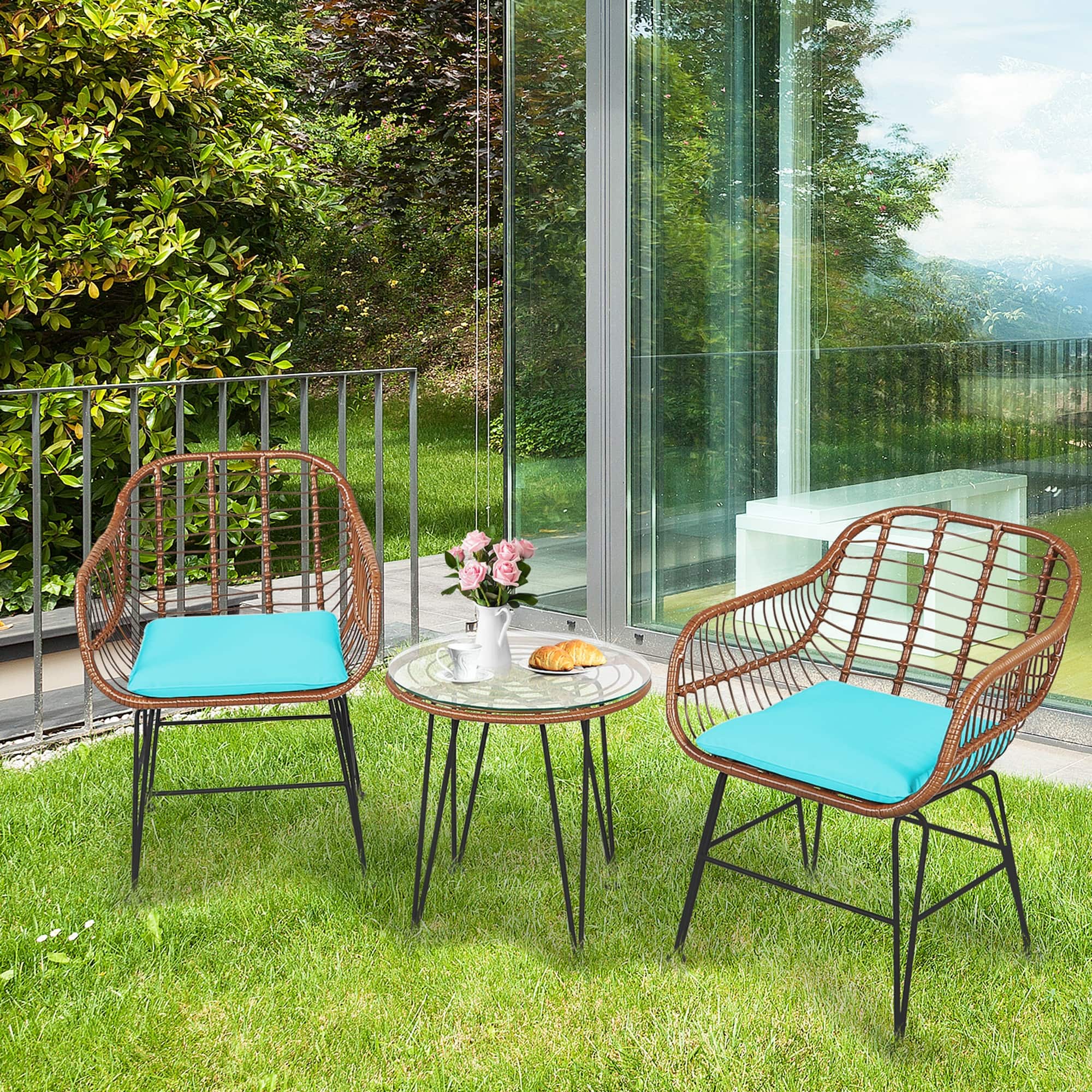 Gymax - 3PCS Rattan Patio Conversation Set Bistro Chat Set w/ Cushions - Turquoise
