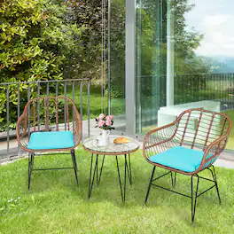 Gymax - 3PCS Rattan Patio Conversation Set Bistro Chat Set w/ Cushions - Turquoise