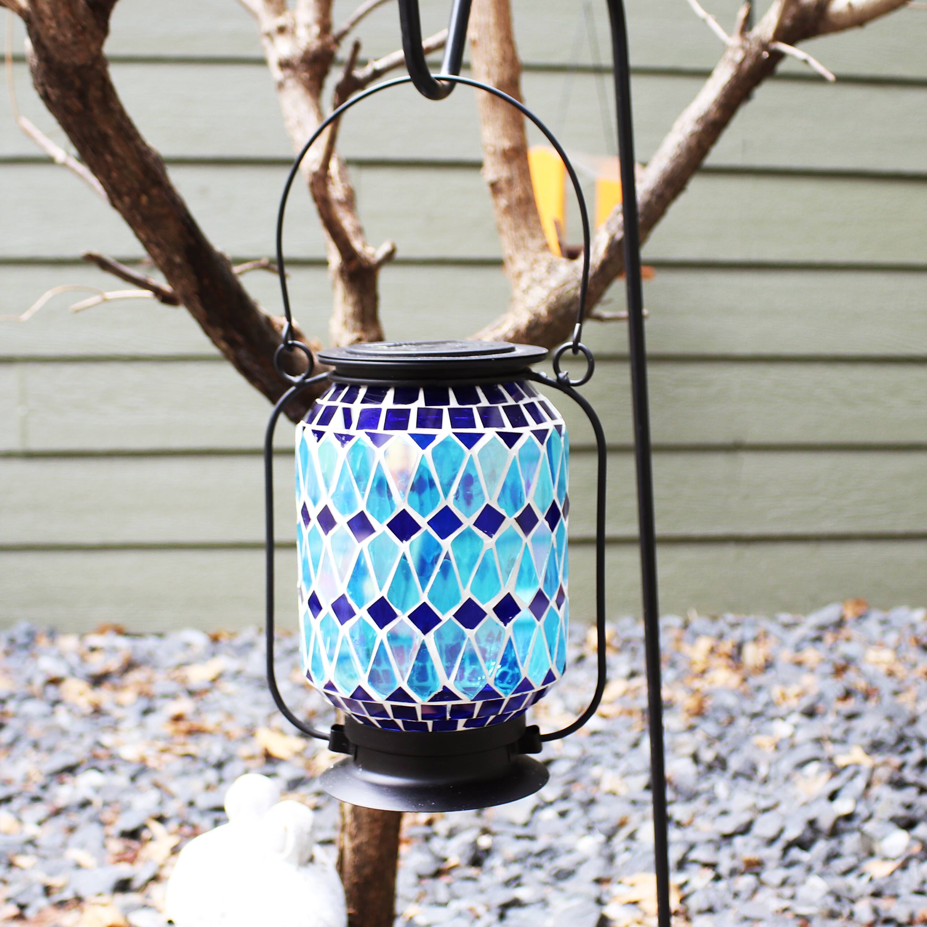 Alt View 4. Sunnydaze - Glass Outdoor Solar LED Lantern - 8 in - Blue.