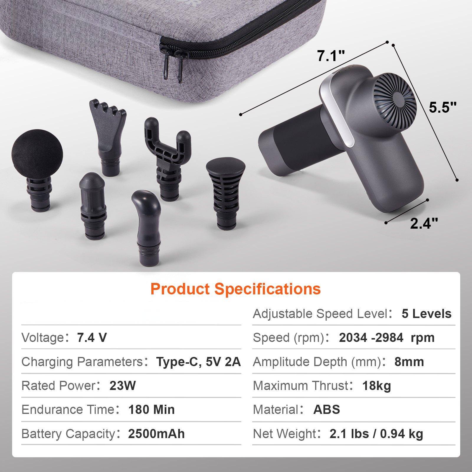 Sure, here is the corrected and grouped text from the image:

---

**Product Specifications**

- **Adjustable Speed Level:** 5 Levels
- **Speed (rpm):** 2034 - 2984 rpm
- **Amplitude Depth (mm):** 8mm
- **Maximum Thrust:** 18kg
- **Material:** ABS
- **Net Weight:** 2.1 lbs / 0.94 kg

- **Voltage:** 7.4 V
- **Charging Parameters:** Type-C, 5V 2A
- **Rated Power:** 23W
- **Endurance Time:** 180 Min
- **Battery Capacity:** 2500mAh

---

**Dimensions:**
- **Length:** 7.1"
- **Width:** 5.5"
- **Height:** 2.4"