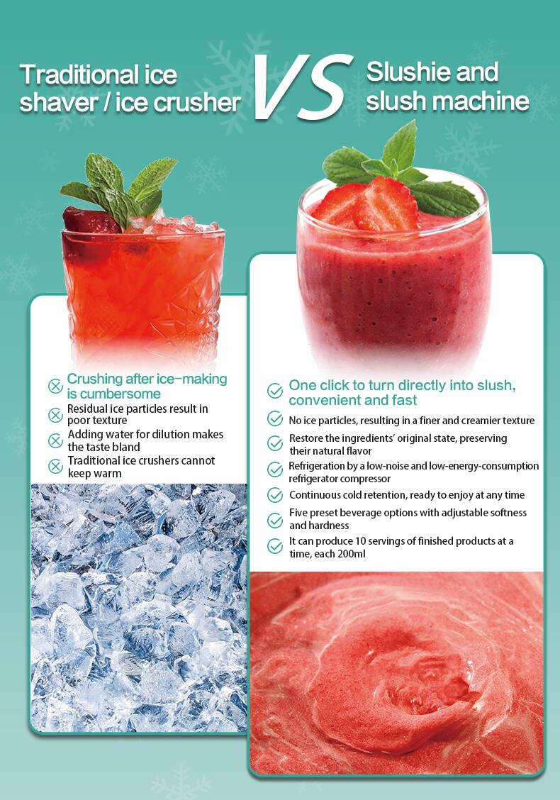 Traditional ice shaver / ice crusher VS Slushie and slush machine

Crushing after ice-making is cumbersome
Residual ice particles result in poor texture
Adding water for dilution makes the taste bland
Traditional ice crushers cannot keep warm

One click to turn directly into slush, convenient and fast
No ice particles, resulting in a finer and creamier texture
Restore the ingredients' original state, preserving their natural flavor
Refrigeration by a low-noise and low-energy-consumption refrigerator compressor
Continuous cold retention, ready to enjoy at any time
Five preset beverage options with adjustable softness and hardness
It can produce 10 servings of finished products at a time, each 200ml