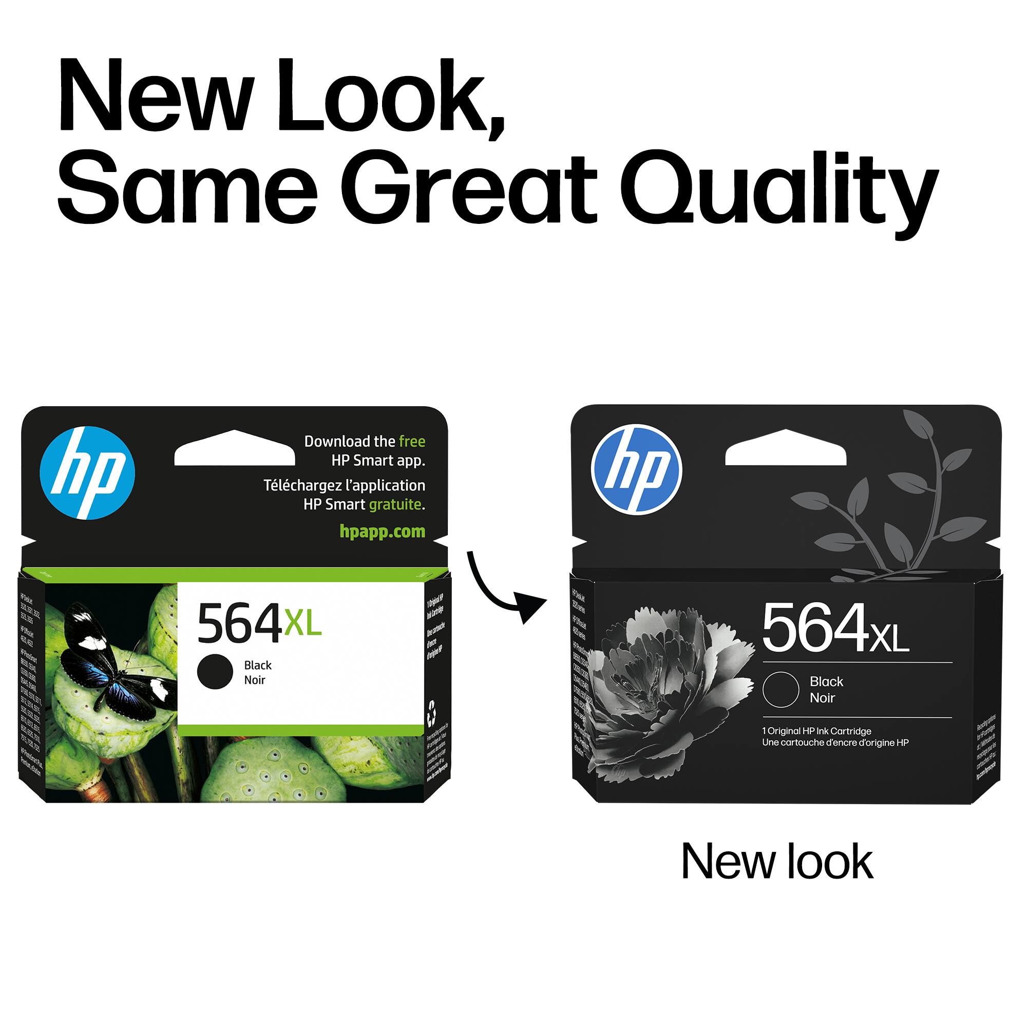 New Look, Same Great Quality

Download the free HP Smart app.  
Téléchargez l'application HP Smart gratuite.  
hpapp.com

564XL  
Black Noir  
1 Original HP Ink Cartridge  
Une cartouche d'encre originale HP

New look