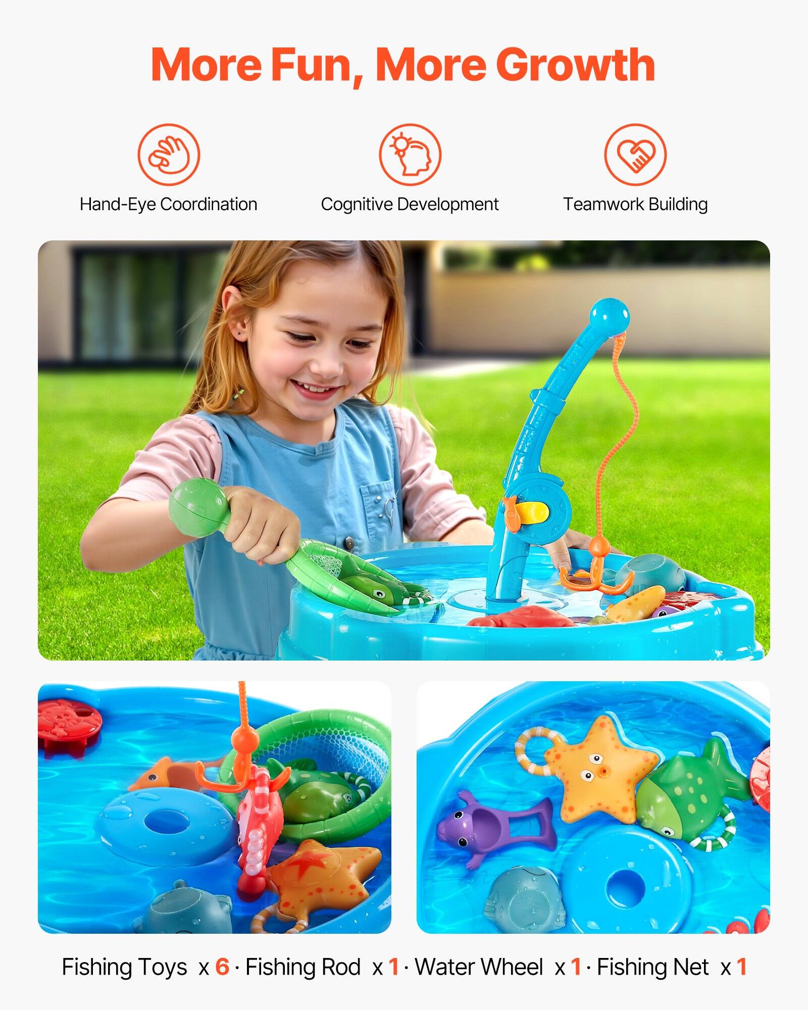 More Fun, More Growth

Hand-Eye Coordination  
Cognitive Development  
Teamwork Building

Fishing Toys x 6  
Fishing Rod x 1  
Water Wheel x 1  
Fishing Net x 1