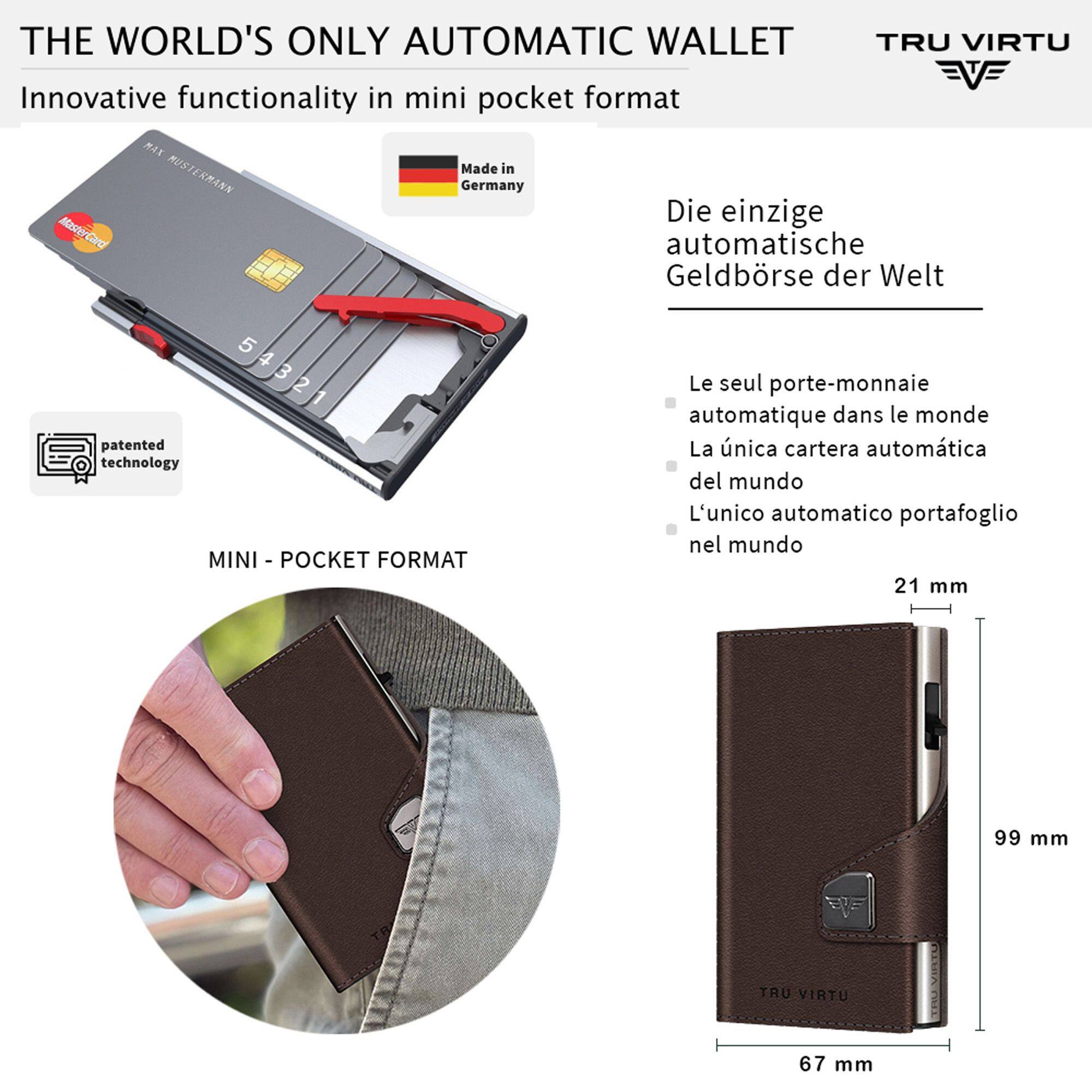 THE WORLD'S ONLY AUTOMATIC WALLET  
Innovative functionality in mini pocket format  
MAX  
Made in MUSTERMANN Germany  
Die einzige MasterCard automatische Geldbörse der Welt  
5 4 3 2 patented technology MINI - POCKET FORMAT  
Le seul porte-monnaie automatique dans le monde  
La única cartera automática del mundo  
L'unico automatico portafoglio nel mondo  
21 mm  
99 mm  
TRU VIRTU  
67 mm