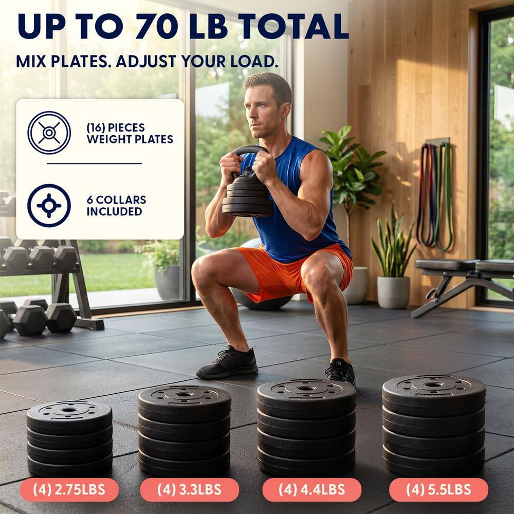 UP TO 70 LB TOTAL MIX PLATES. ADJUST YOUR LOAD.

(16) PIECES WEIGHT PLATES
6 COLLARS INCLUDED
(4) 2.75LBS
(4) 3.3LBS
(4) 4.4LBS
(4) 5.5LBS