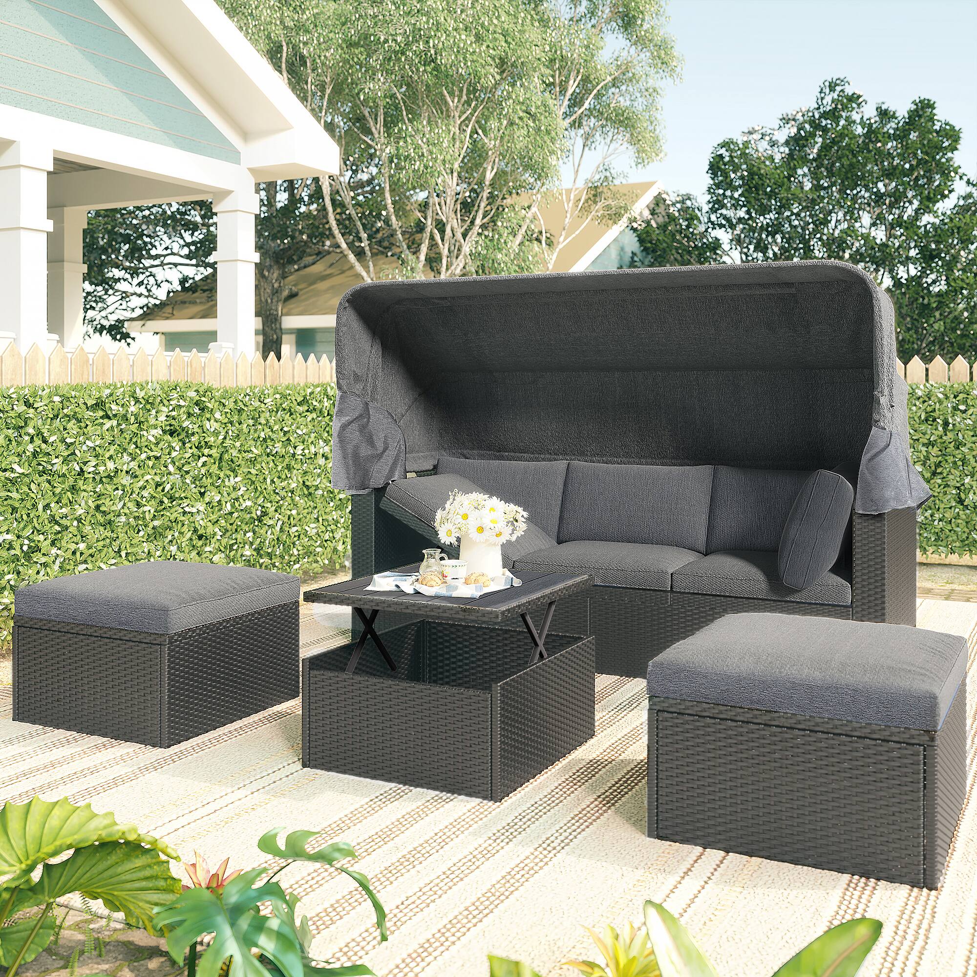 Left. Siljoy - Outdoor Patio Rectangular Daybed w/Retractable Canopy, Wicker Sectional Seating with Washable Cushions - Gray.