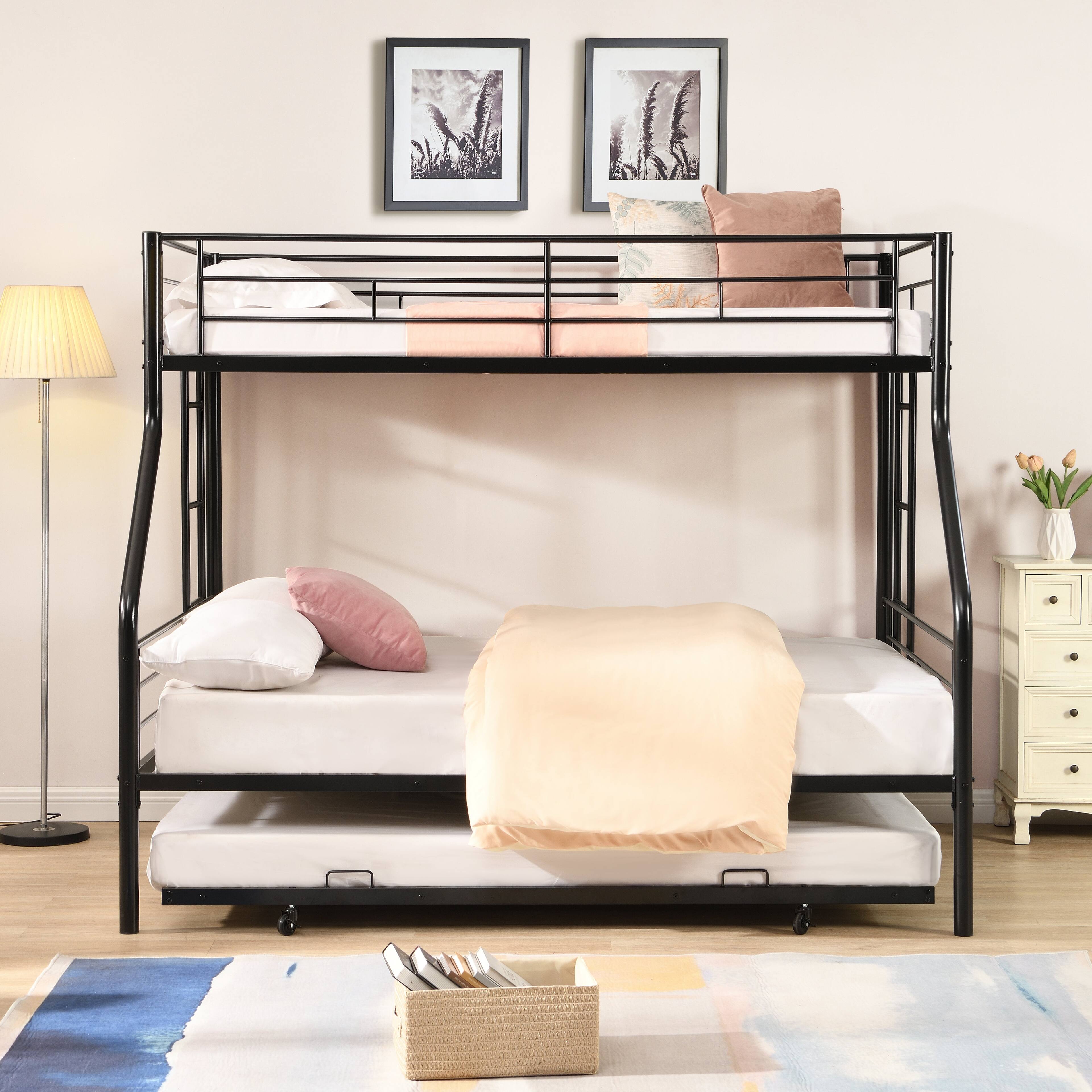 Alt View 2. Boyel Living - Twin Over Full Metal Bunk Bed with Trundle – No Box Spring Needed, Easy Assembly - Black.