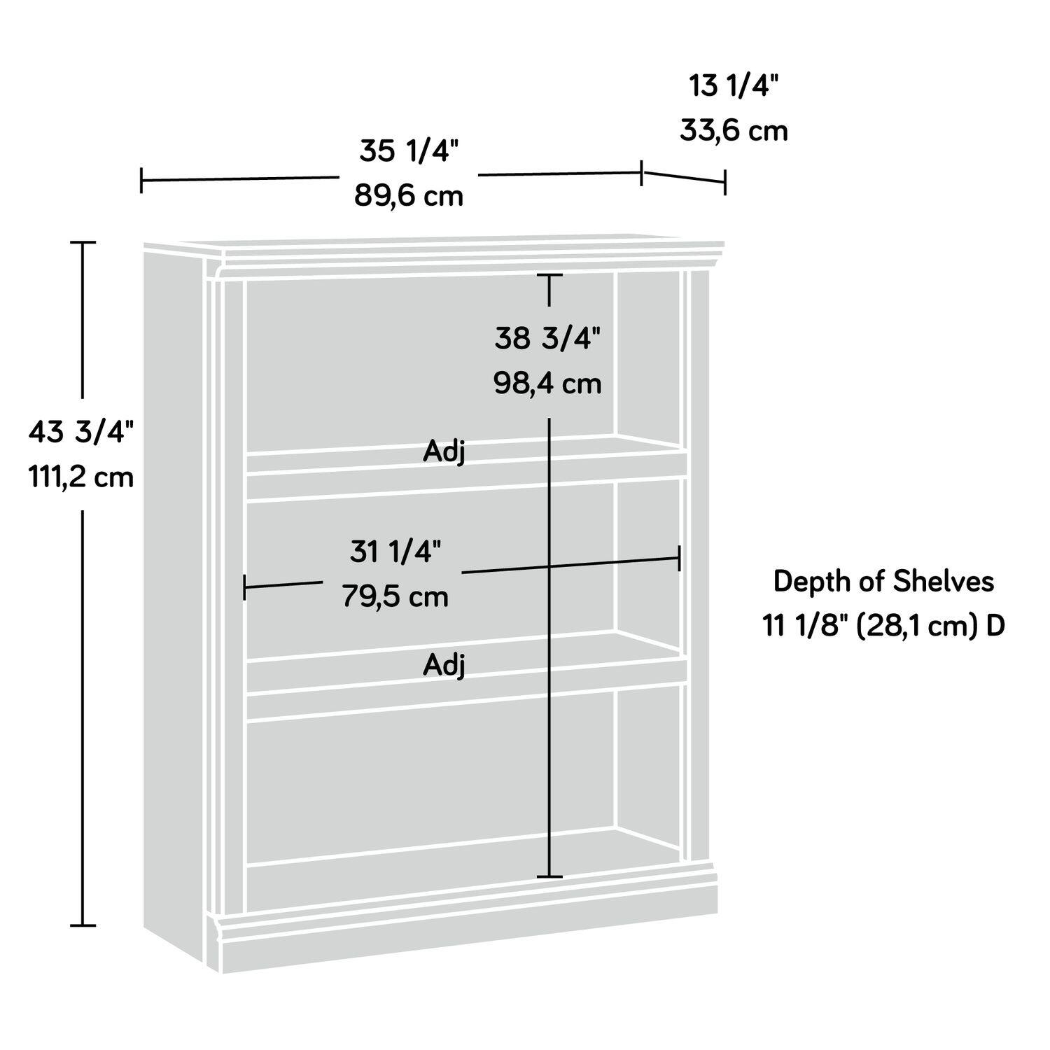 35 1/4" 89,6 cm  
13 1/4" 33,6 cm  
43 3/4" 111,2 cm  
T 38 3/4" 98,4 cm  
Adj 31 1/4" 79,5 cm  
Adj  
Depth of Shelves 11 1/8" (28,1 cm) D