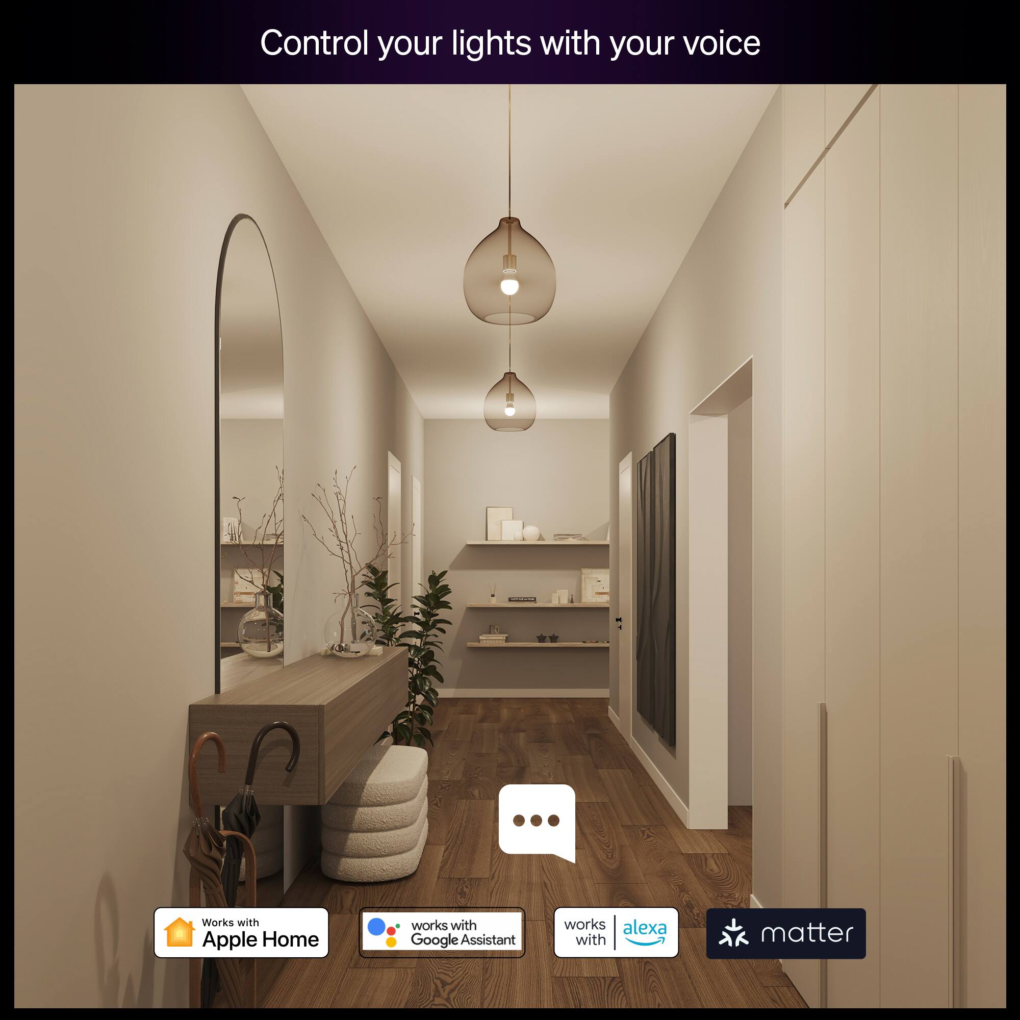 Control your lights with your voice

Works with Apple Home  
Works with Google Assistant  
Works with Alexa  
Works with Matter