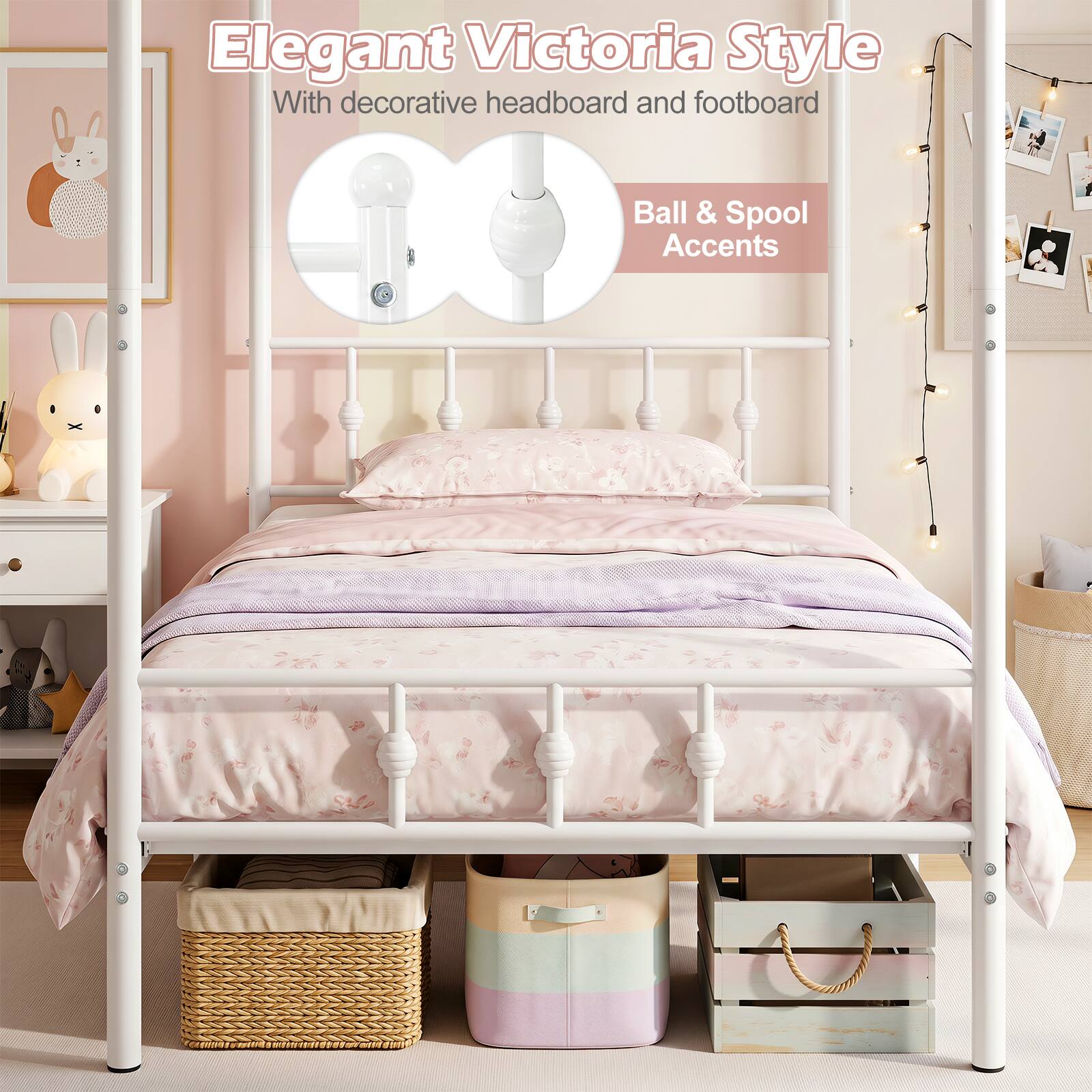 Elegant Victoria Style  
With decorative headboard and footboard  
Ball & Spool Accents