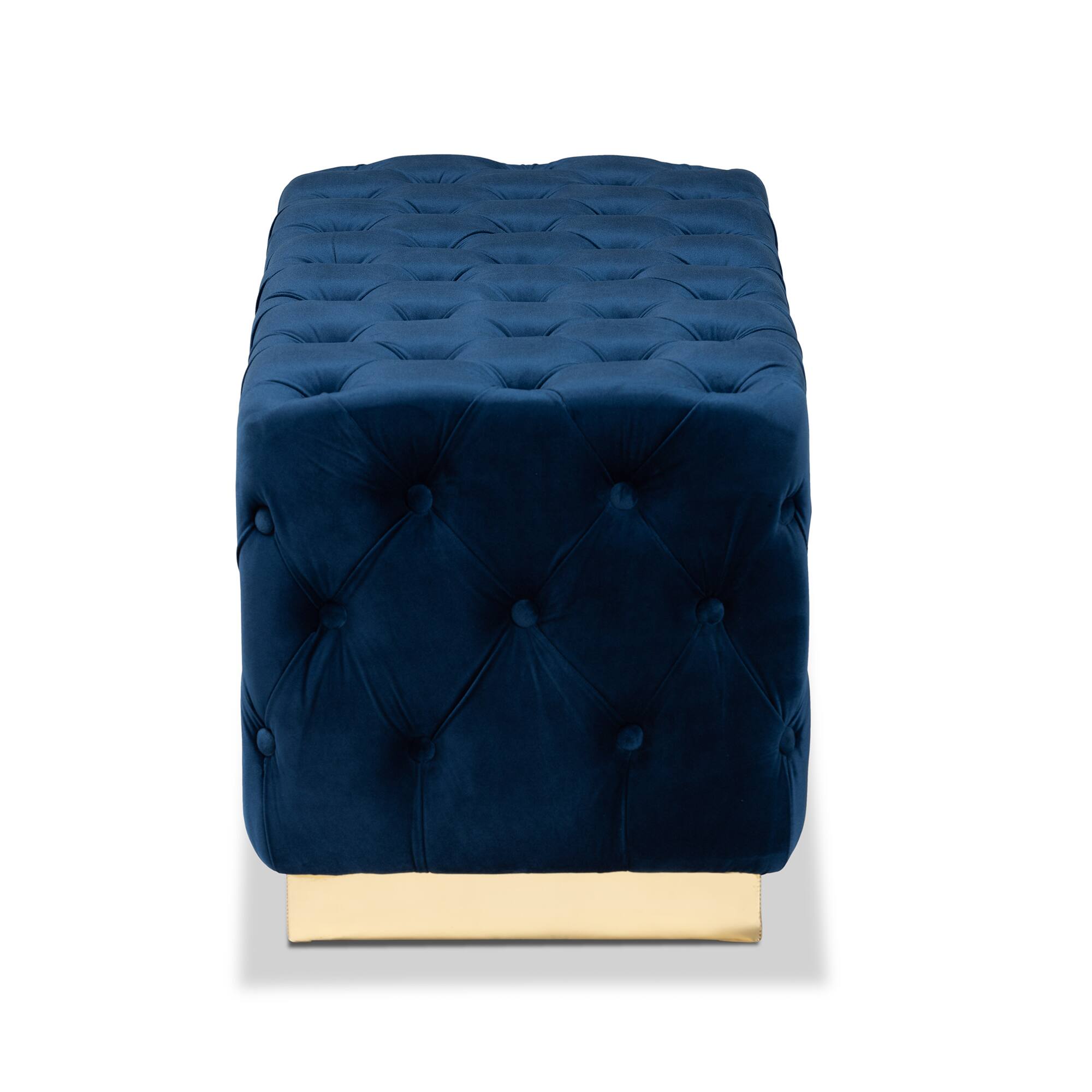 Left. Baxton Studio - Corrine Glam and Luxe Velvet Fabric Upholstered and Gold PU Leather Ottoman - Navy blue/gold.